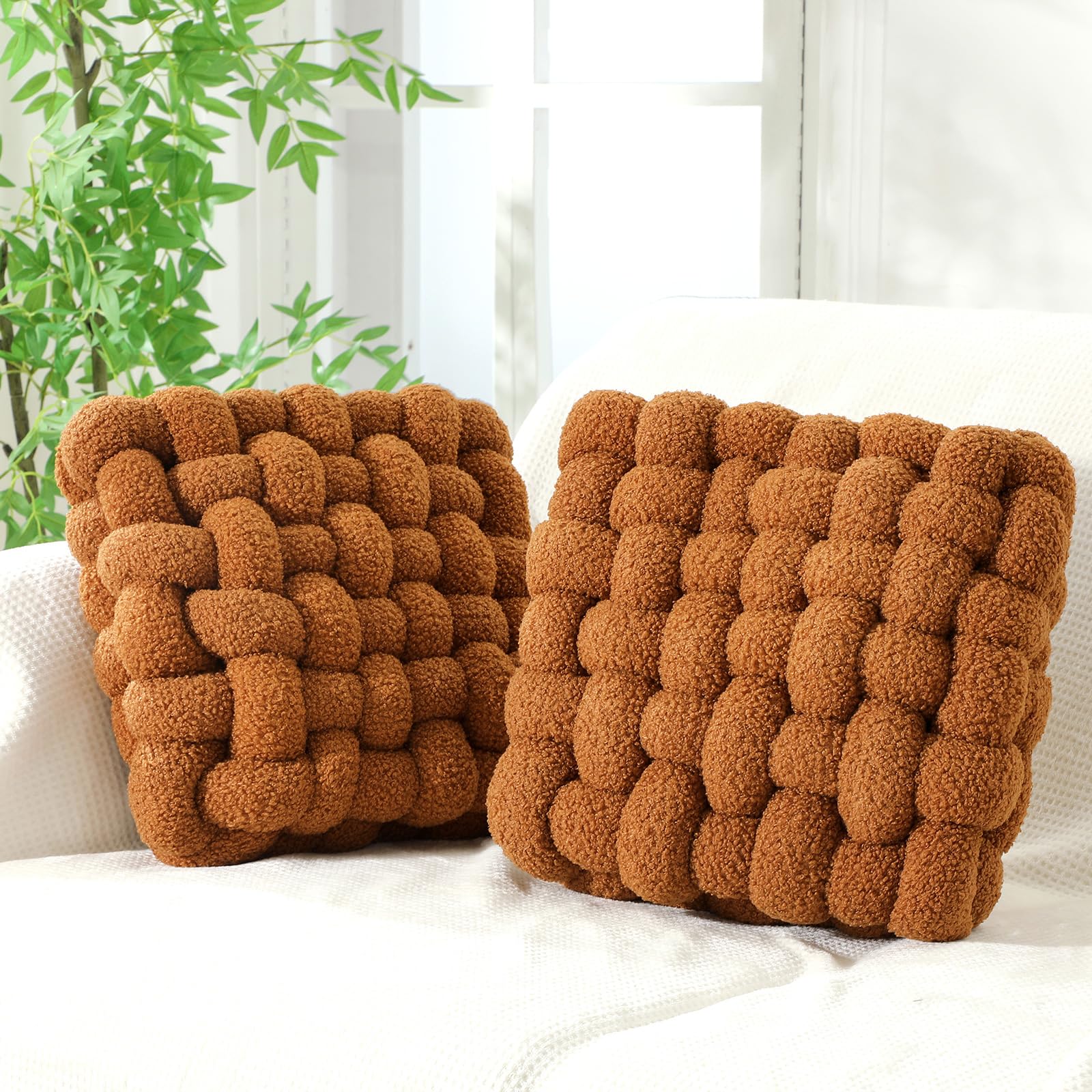 Wenqik 2 Pcs Knot Pillows Square Knotted Plush Throws Soft Accent Pillows Decoration Cushion for Couch Home Office Living Room Bedroom Bed Sofa Decor, 12'' x 13''(Cream White,Lambswool)