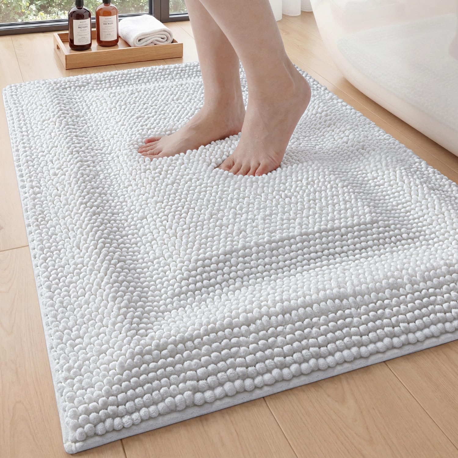 DEXI Bathroom Rugs 24x43, Non Slip Washable Bath Mat, Luxury Chenille Super Absorbent Ultra Thick Bathmats for Shower Floor, Plush Fluffy Shaggy Carpet for Tub, Beige