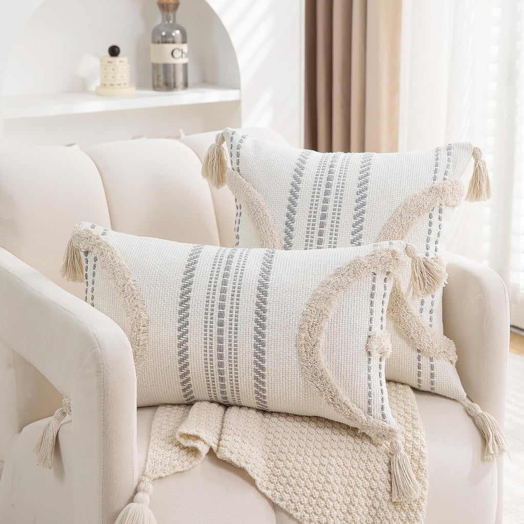 2-Pack 18×18" Beige Boho Tufted Pillow Covers with Tassels, Woven Cotton Decor Cases for Sofa & Bed