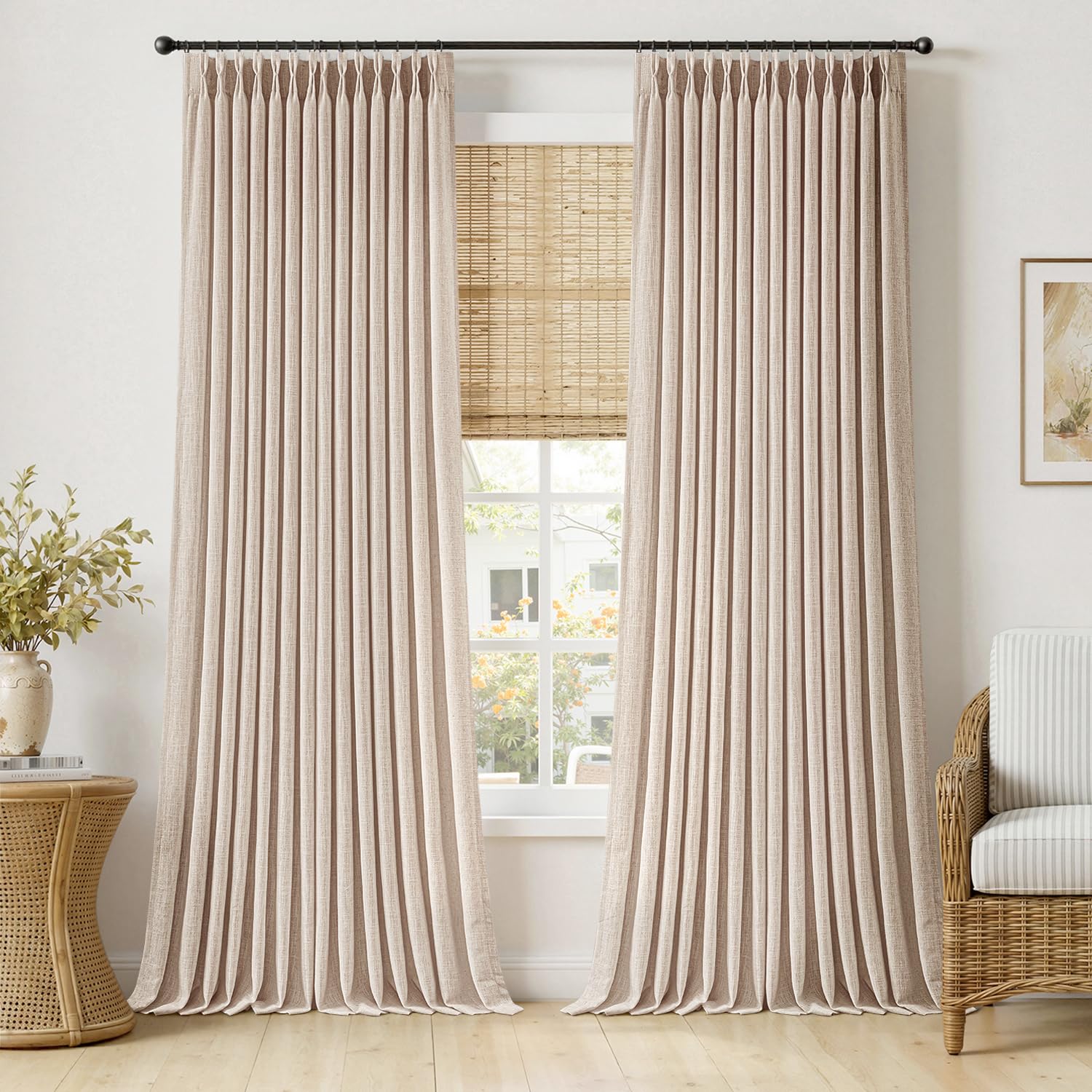 MIULEE Pinch Pleated Thick Linen Curtains 90 Inches Long 2 Panels for Living Room Bedroom, Linen Texture Memory Trained Drapes Pinch Pleat Rustic Farmhouse Window Curtains with Hooks&Rings, Taupe