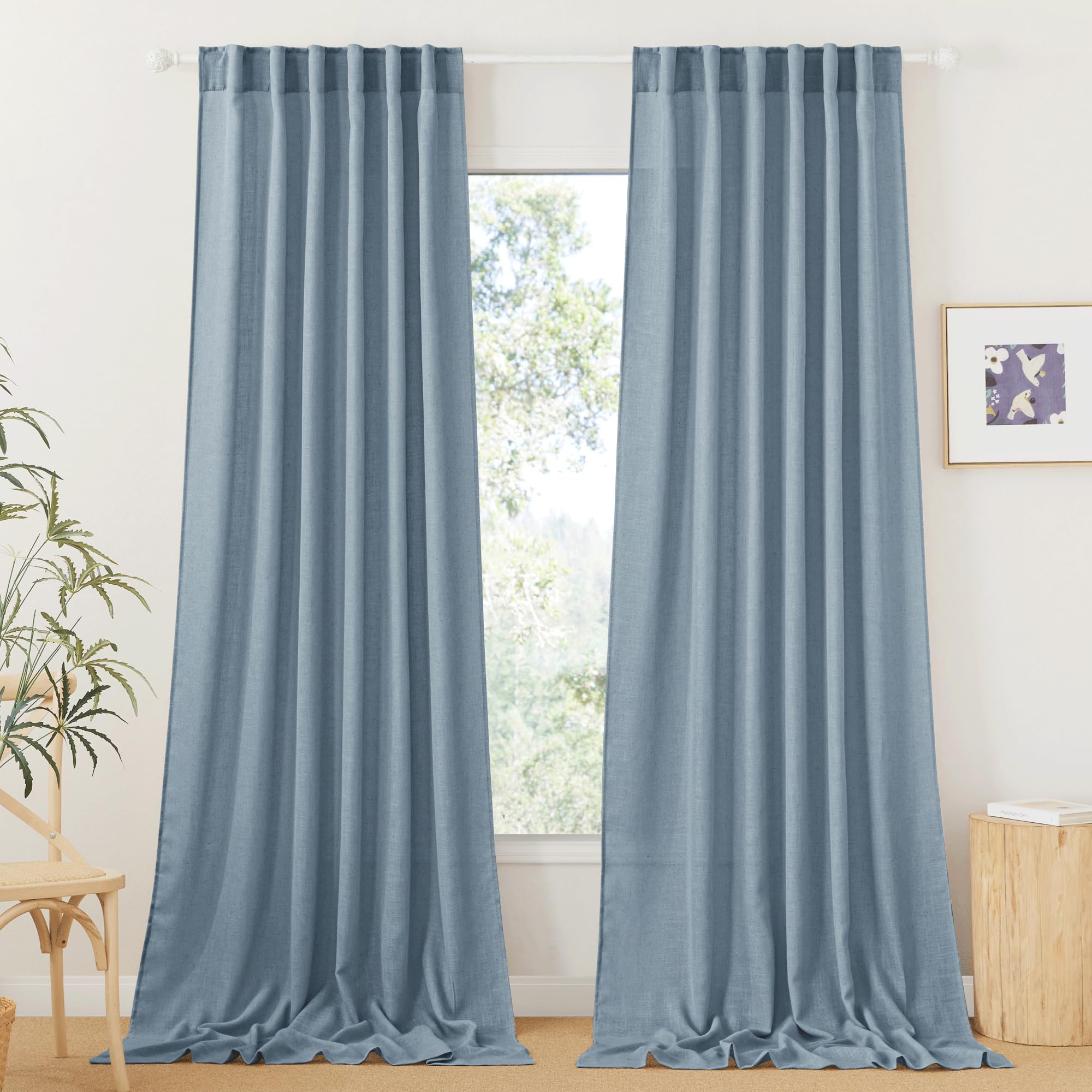 RYB HOME Farmhouse Sheer Curtains 108 inch Length, Semi Sheer Curtain & Drapes Large Window Dressing Lights & Winds Filter for Bedroom Home Office Living Room, Linen, W 70 x L 108 inch Long, 1 Pair