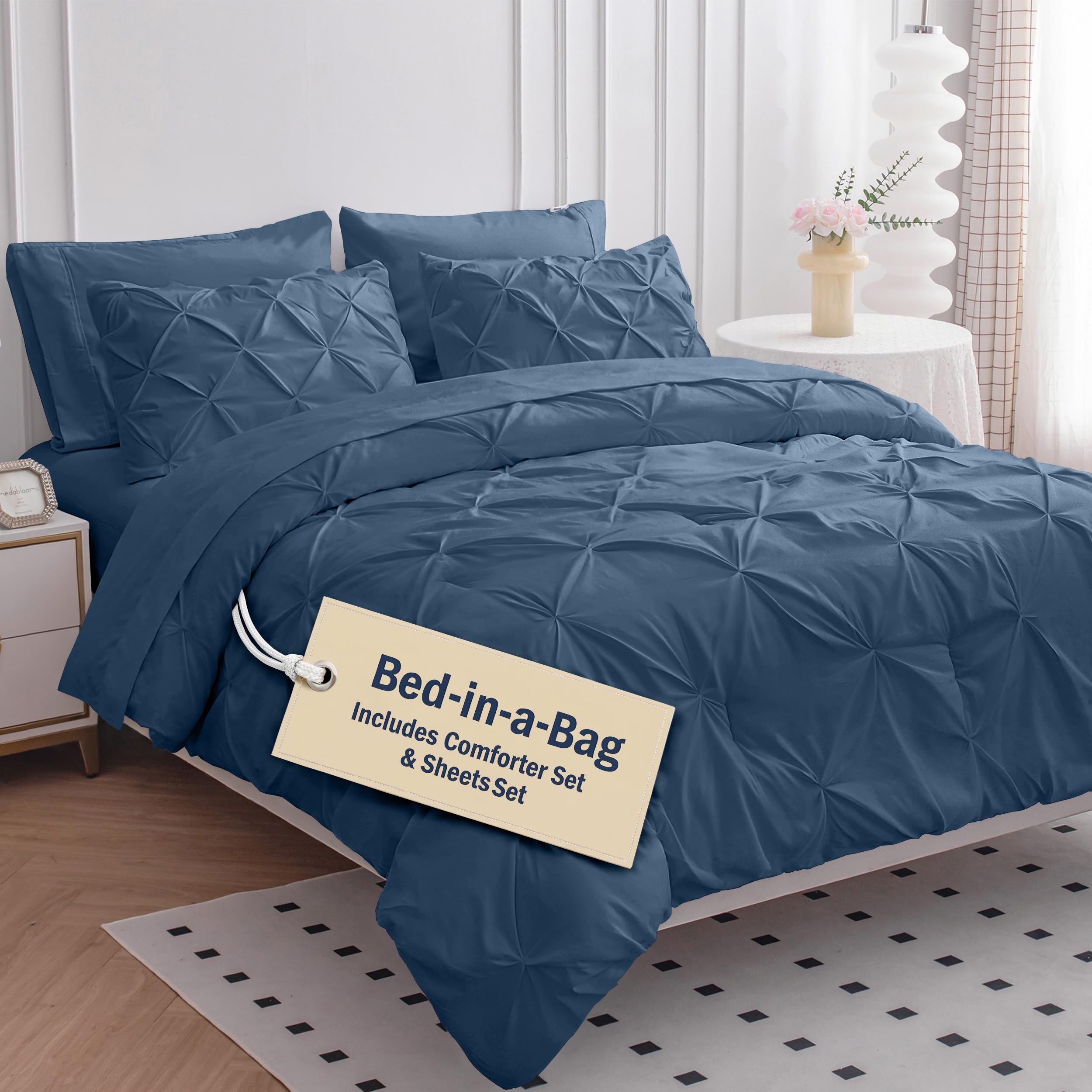 LANE LINEN Full Size Bed Comforter - 7 Piece - Refined Pintuck Finish for Hotel Style Bedding - Breathable Microfiber Bed in a Bag Comforter - Ideal for Apartments & First Homes - French Blue | Hotel sleep feel