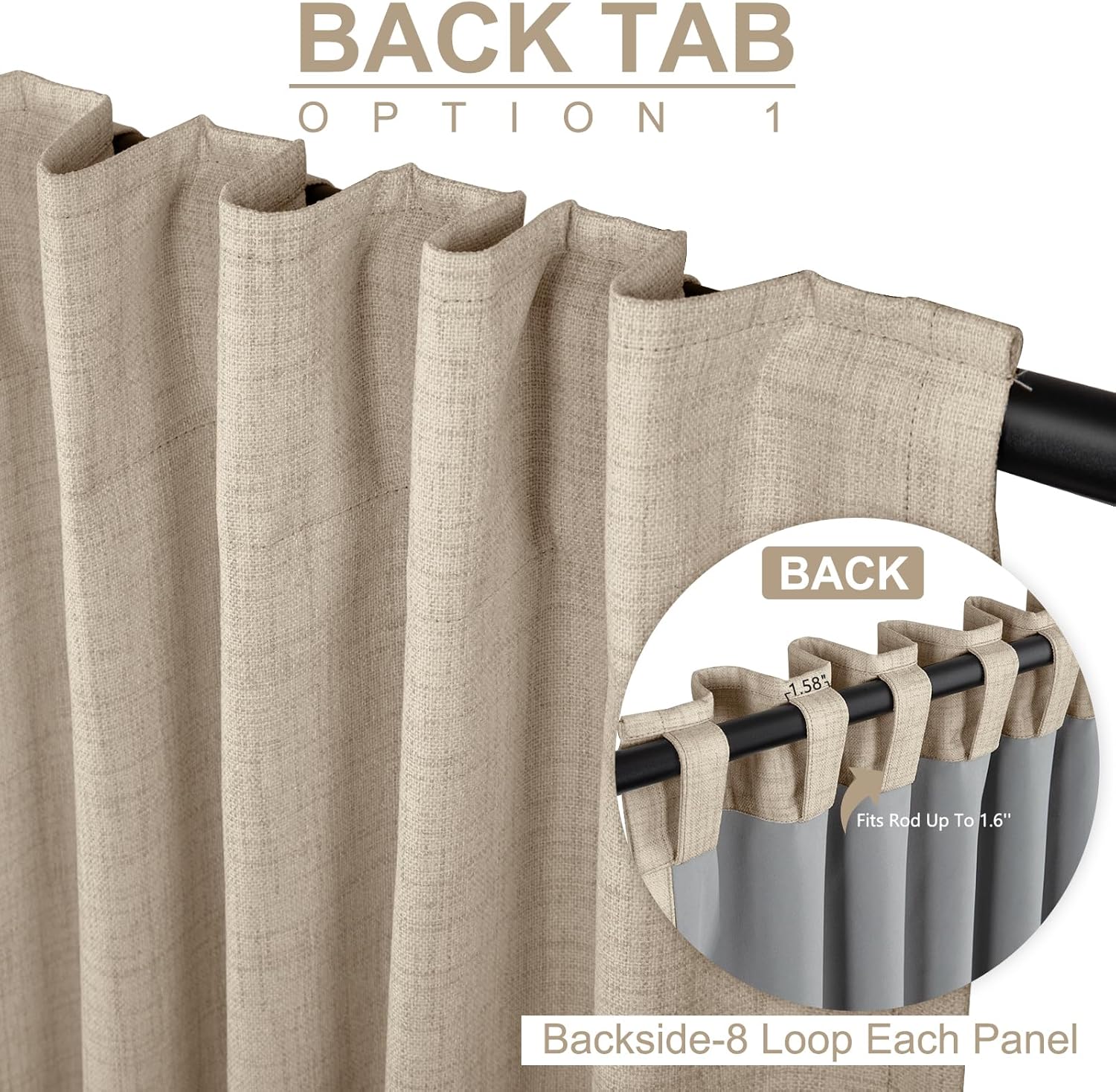 Oatmeal 2-Panel Linen Blackout Curtains, 50"W x 96"L, Thermal Insulated, Back Tab & Rod Pocket for Bedroom & Living Room