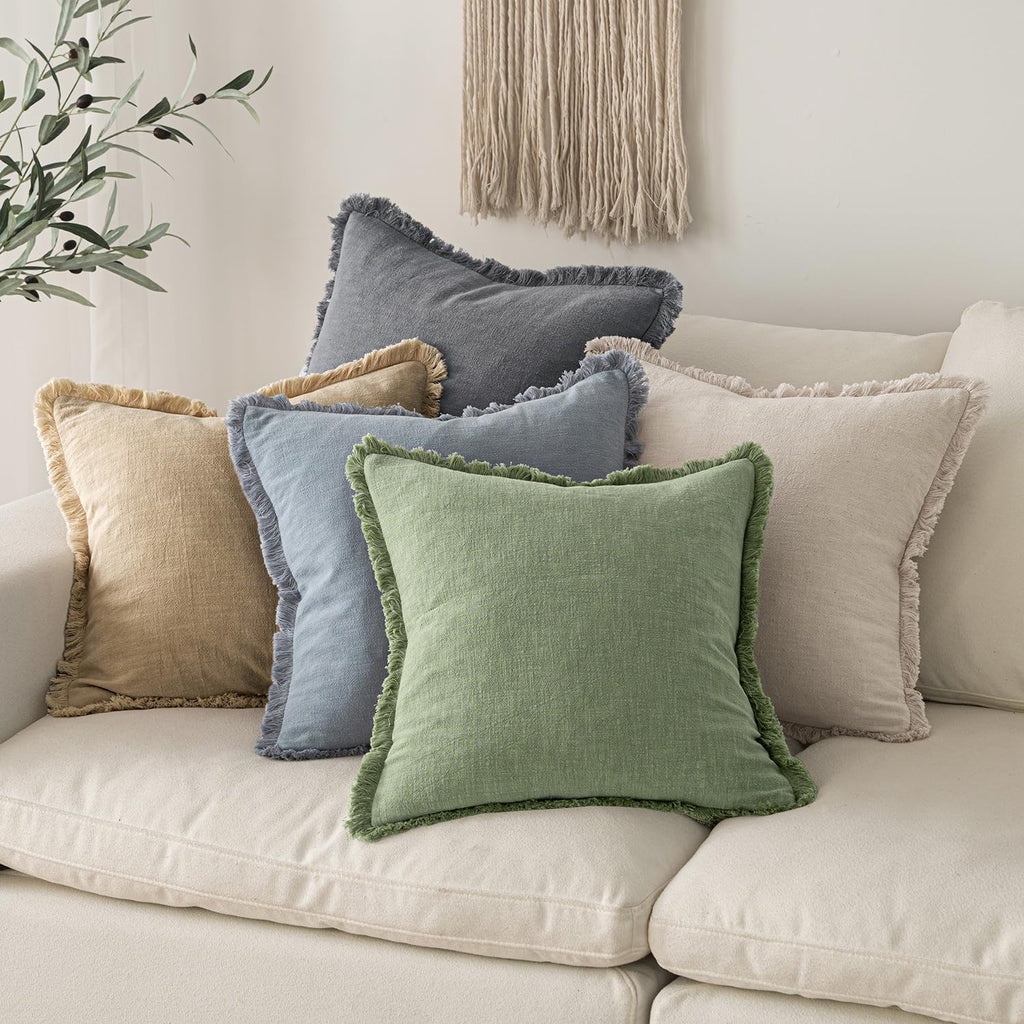 MIULEE Decorative Throw Pillow Covers Neutral Linen Fringe Throw Pillows Euro Shams Set of 2 Sage Green Boho Farmhouse Cushion Covers for Couch Sofa Bed Living Room Spring Home Decor 26x26 Inch
