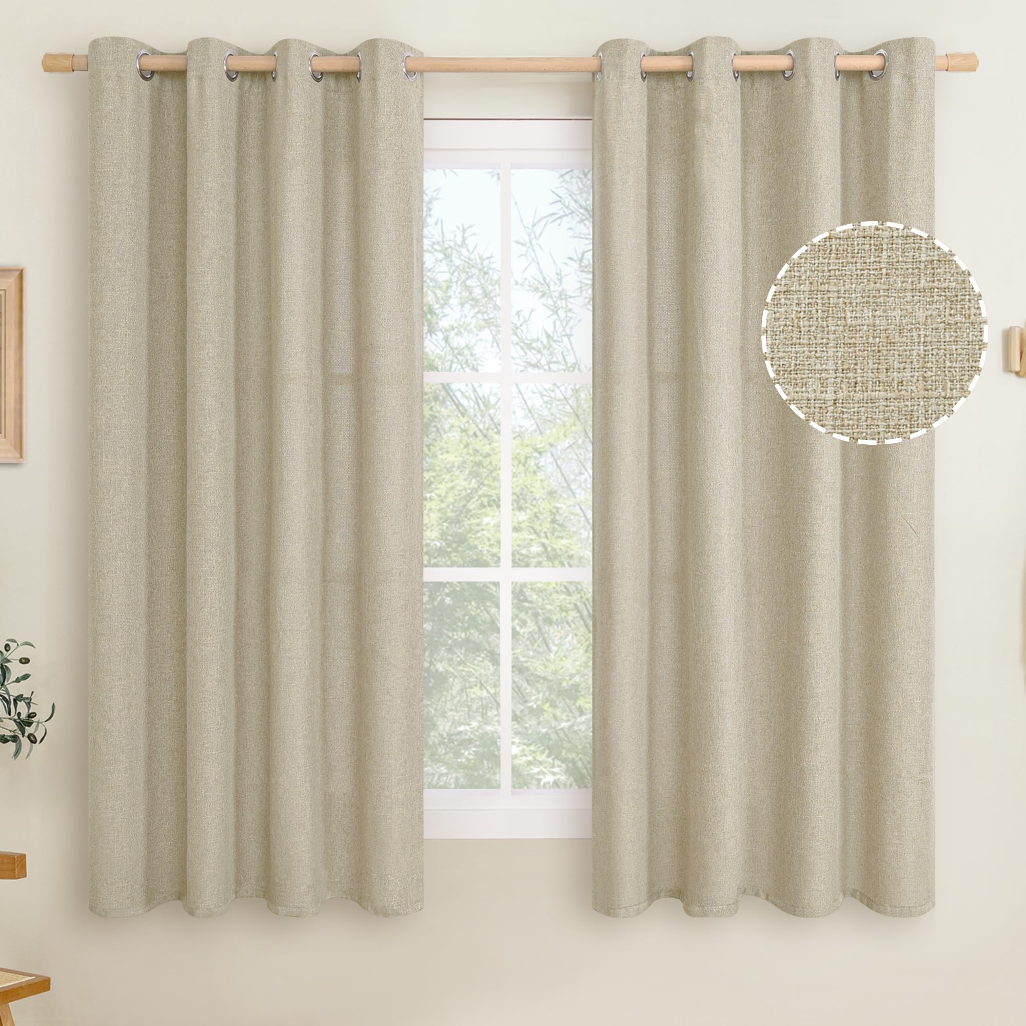LAMIT Natural Beige Linen Curtains for Bedroom, 84 inches Grommet Thermal Insulated Thick Burlap Farmhouse Neutral Curtains Noise Reducing Light Filtering Drapes for Living Room, 2 Panels, W60 x L84