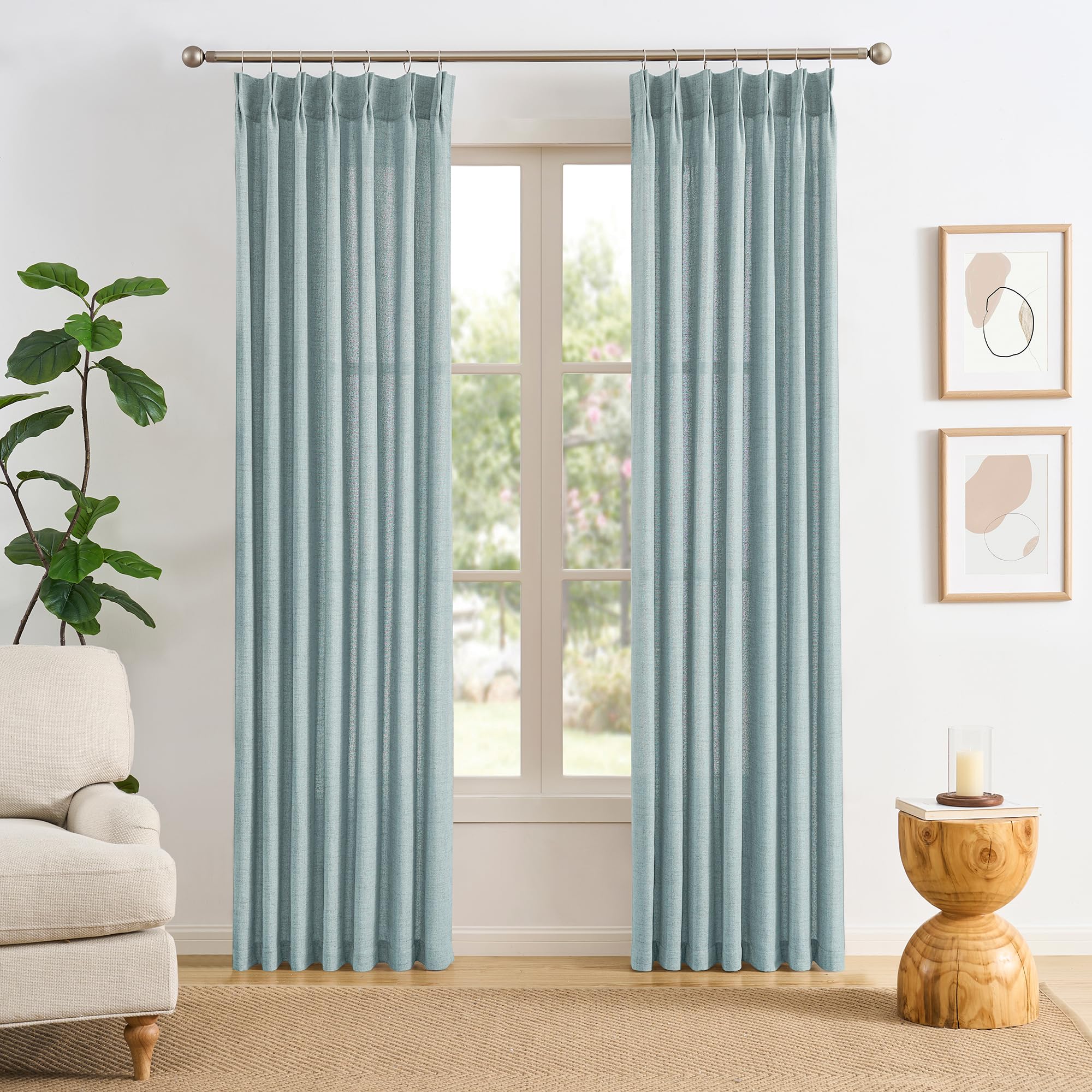 RAIN CITY 102 Inch Curtains Pinch Pleated 2 Panels Set, Back Tab with Hooks Semi Sheer Linen Curtains for Living Room Primitive Window Drapes for Sliding Door Sand Beach Decor 42 Each Wide