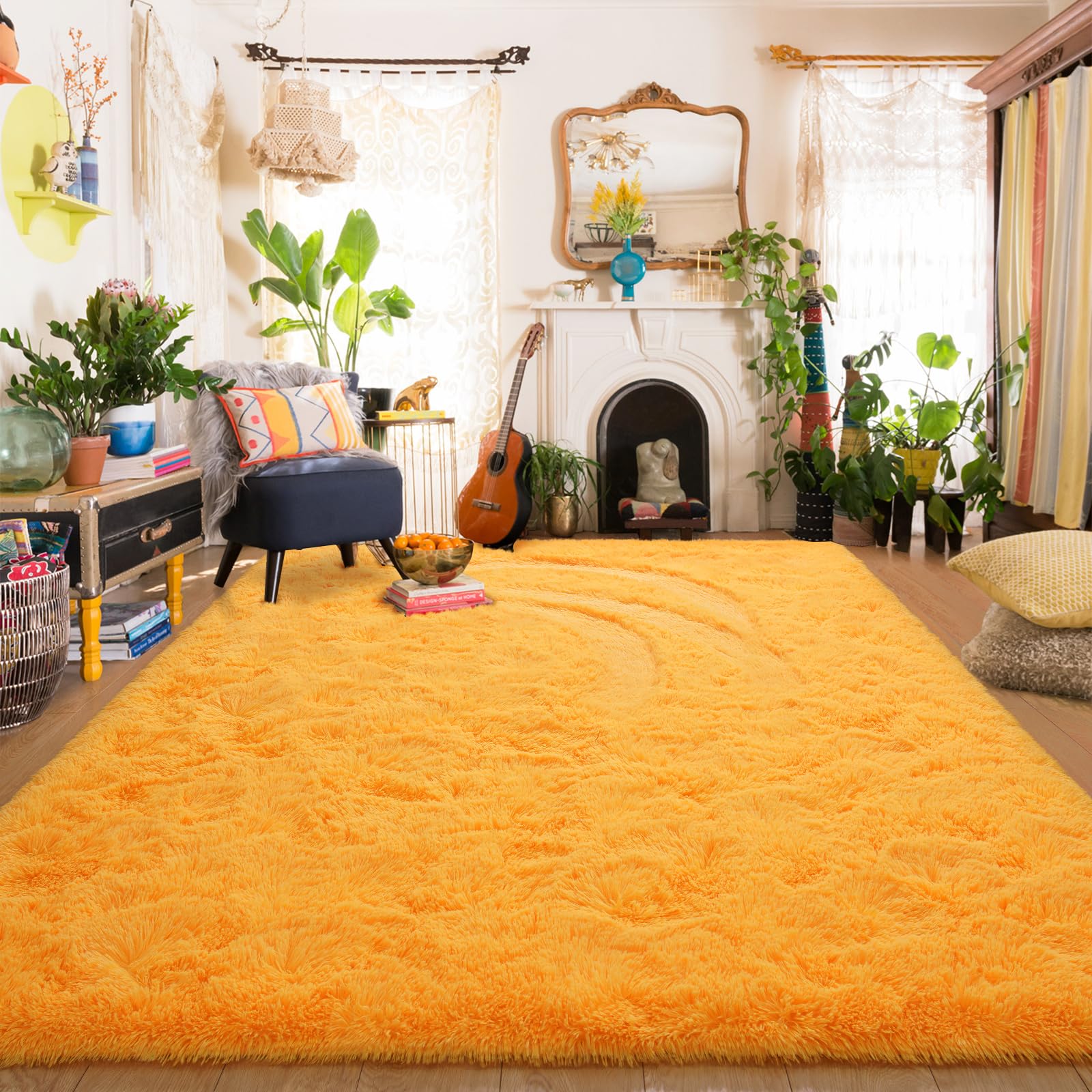 Amearea Yellow 6×9ft Soft Shag Rug, Non-slip Fluffy Carpet for Bedroom, Living Room & Nursery