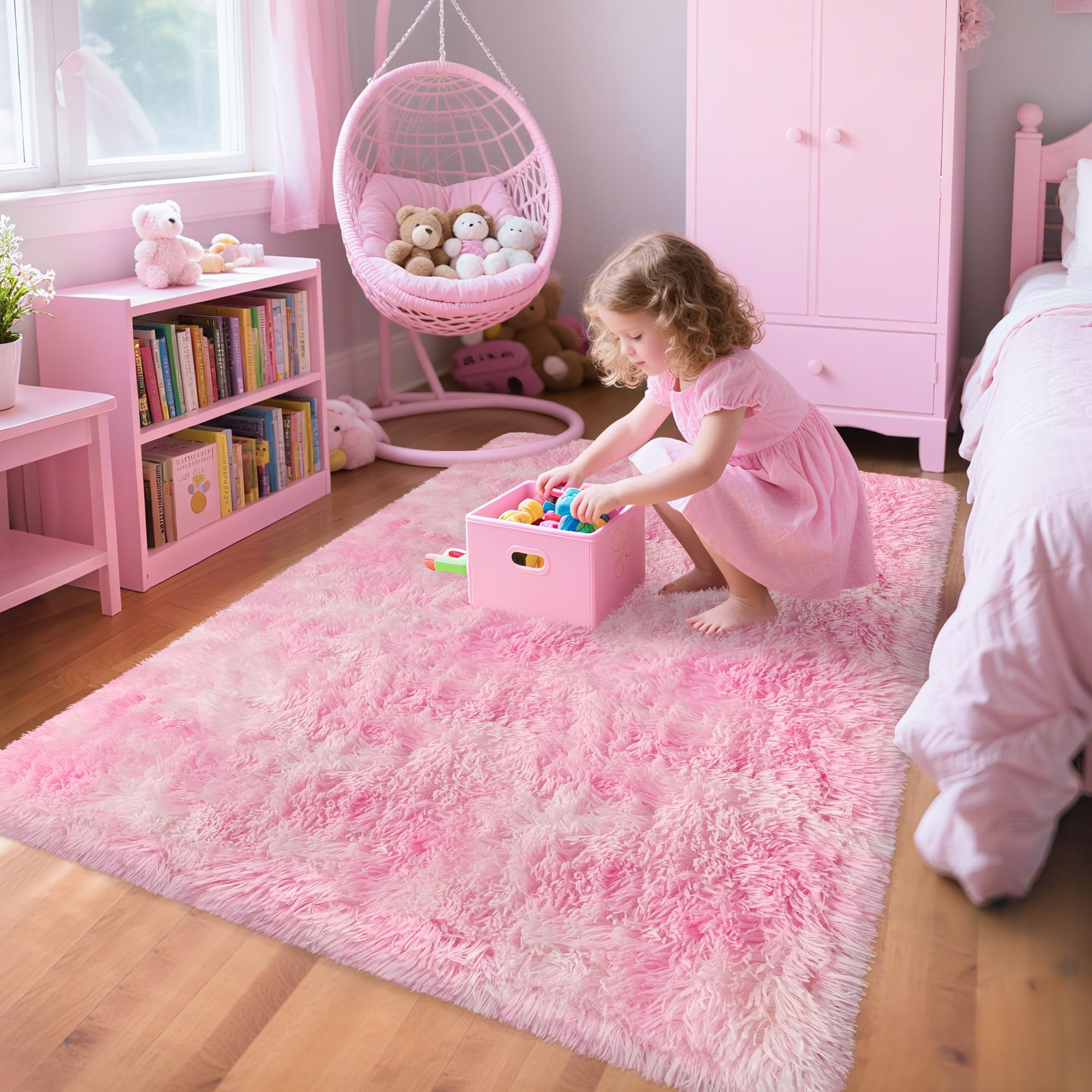 5x8 Ft Light Grey Large Area Rugs for Bedroom,Fluffy Furry Rug Floor Carpets Shaggy Playing Mat for Kids Baby Girls Room Nursery Home Decor Tie Dyed Gray Thick Rugs Fuzzy Home Decor