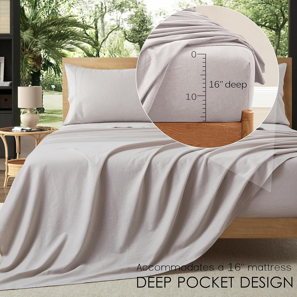 4Pcs Organic Linen Sheets Queen Size, 100% French Linen from Normandy, Breathable Natural Linen Queen Sheet Set with 16 Inch Deep Pocket, 1 Flat Sheet, 1 Fitted Sheet, 2 Pillowcases