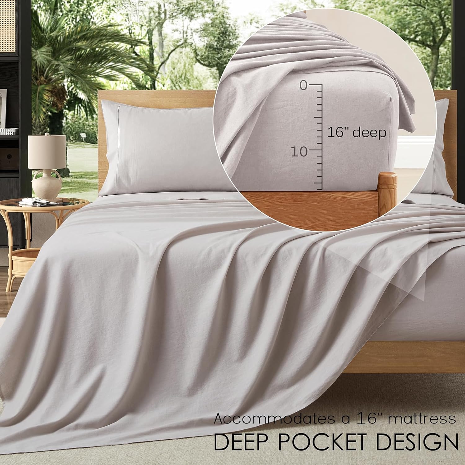 4Pcs Organic Linen Sheets Queen Size, 100% French Linen from Normandy, Breathable Natural Linen Queen Sheet Set with 16 Inch Deep Pocket, 1 Flat Sheet, 1 Fitted Sheet, 2 Pillowcases