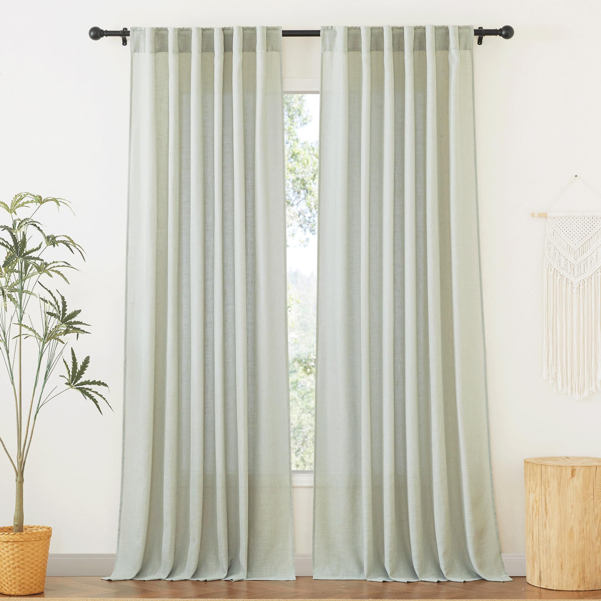 RYB HOME Farmhouse Sheer Curtains 108 inch Length, Semi Sheer Curtain & Drapes Large Window Dressing Lights & Winds Filter for Bedroom Home Office Living Room, Linen, W 70 x L 108 inch Long, 1 Pair