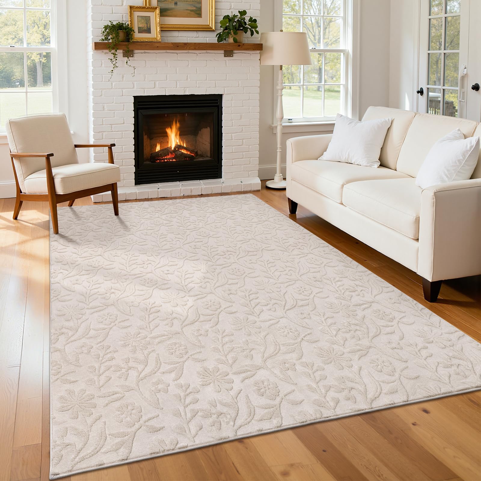 Vaukki Round Rug for Living Room, Soft Fluffy Washable Modern Floral Indoor Floor Mat, Non Slip Shaggy Boho Accent Throw Carpet for Bedroom, Living Room, Nursery and Dining Room, Beige, Round-6Ft