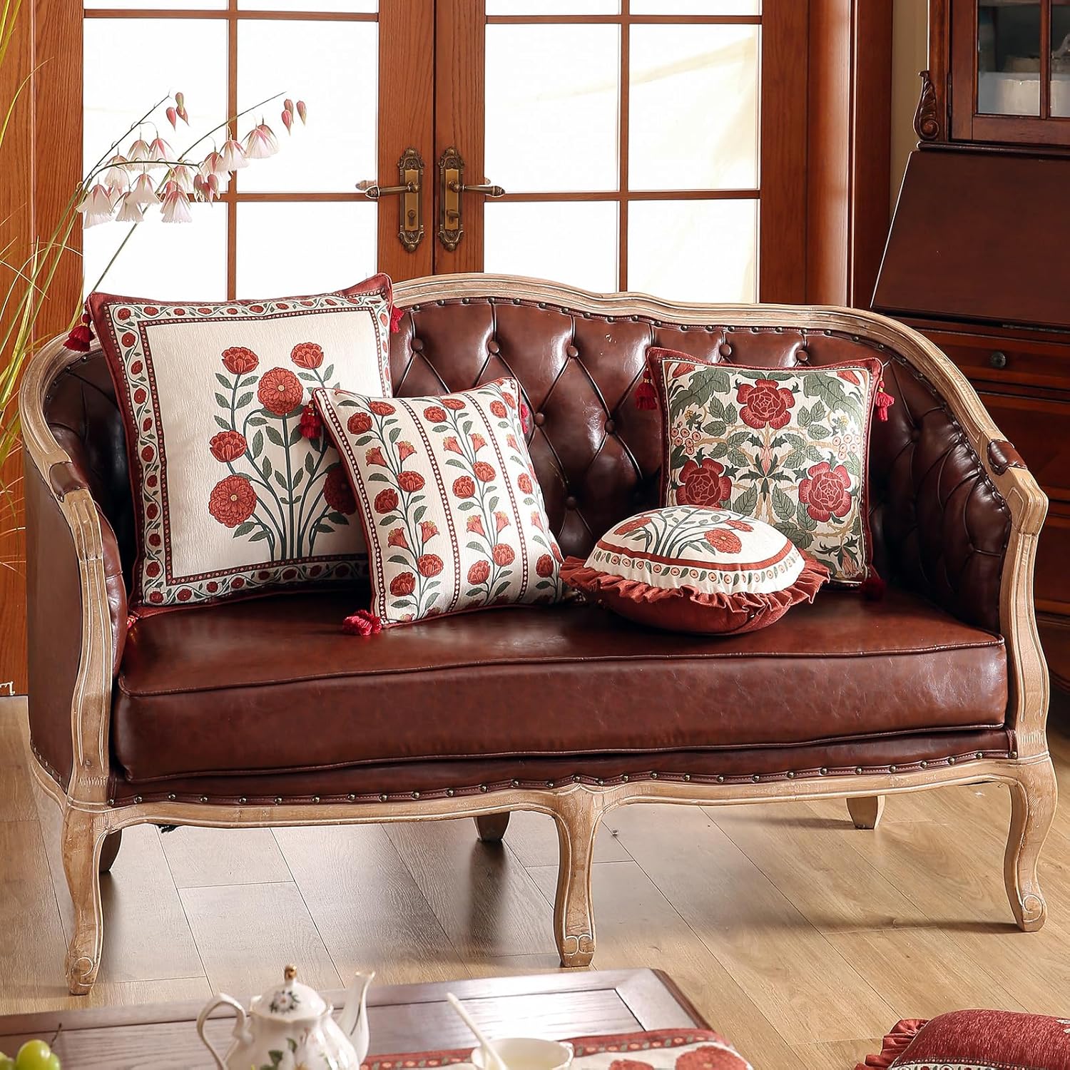 bilin gaier Vintage Square Throw Pillow Covers Pack of 2,Red Cozy Velvet with Leaves and Floral Pattern Pillowcases,Decoration Pillows Cushion Covers for Living Room Couch Sofa Bed Car Chair,18"x18"