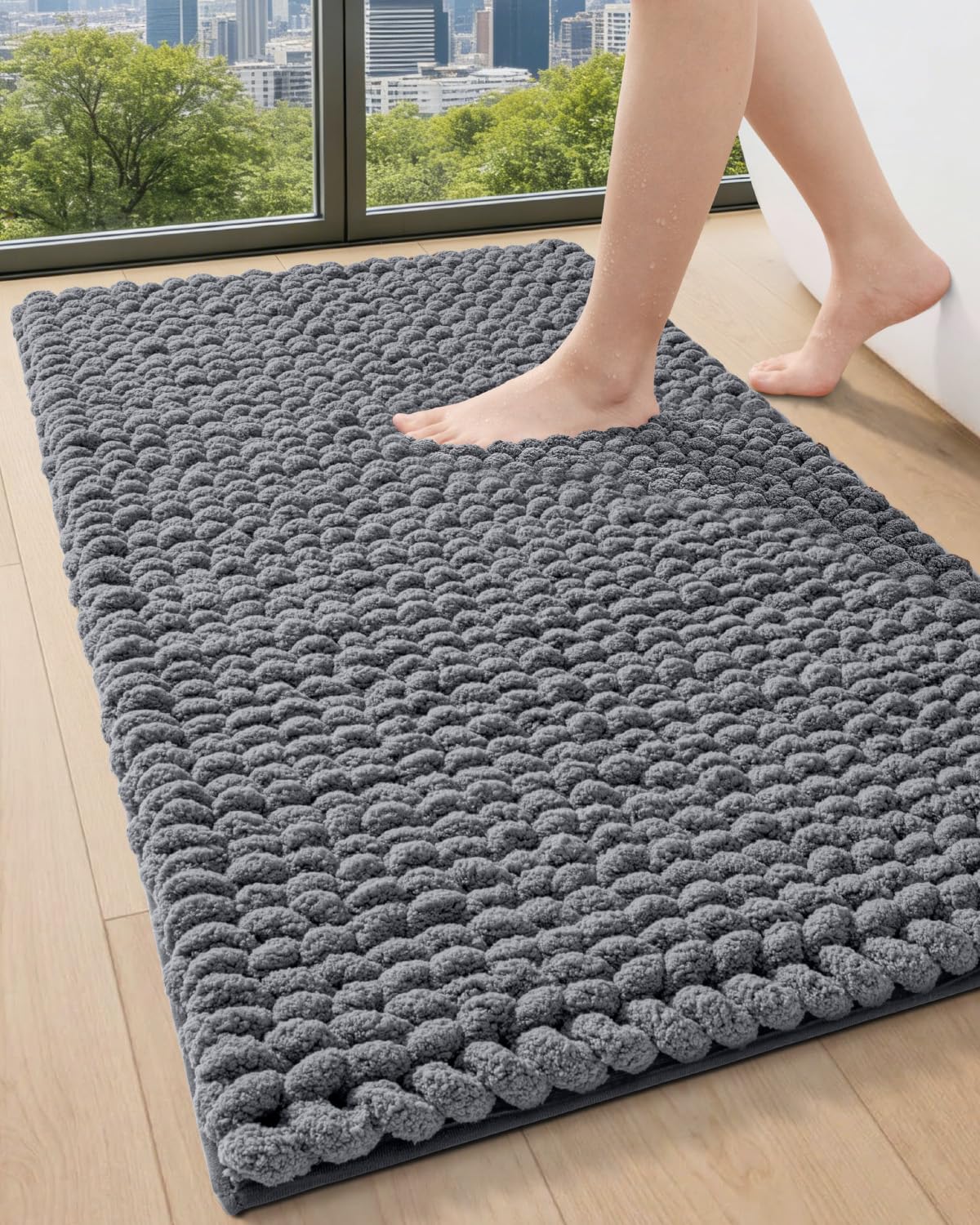 DEXI Bathroom Rugs 24x43, Non Slip Washable Bath Mat, Luxury Chenille Super Absorbent Ultra Thick Bathmats for Shower Floor, Plush Fluffy Shaggy Carpet for Tub, Beige