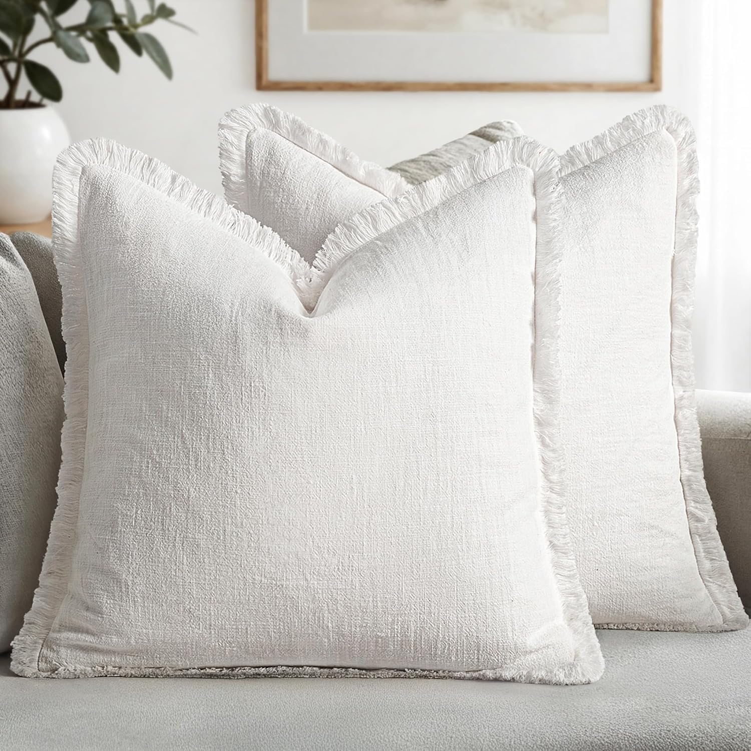 MIULEE Decorative Throw Pillow Covers Neutral Linen Fringe Throw Pillows Euro Shams Set of 2 Brown Boho Farmhouse Cushion Covers for Couch Sofa Bed Living Room Spring Home Decor 26x26 Inch