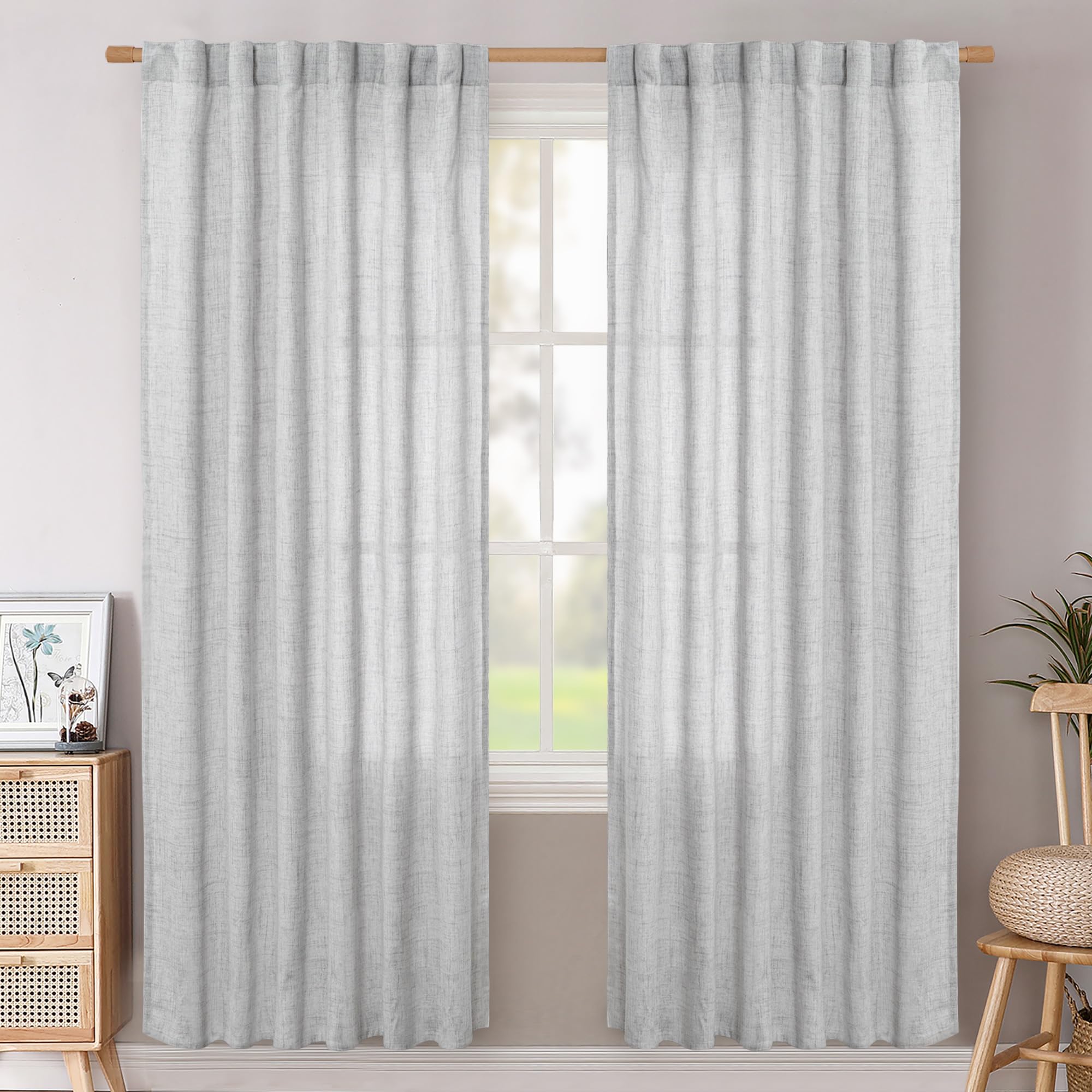 BGment Long 102 Inch Length Linen Curtains for Living Room, Natural Rod Pocket Textured Burlap Drapes Rustic Country Light Filtering for Bedroom Semi Sheer Back Tab, 2 Panel, 52 Inch Wide Each Panel