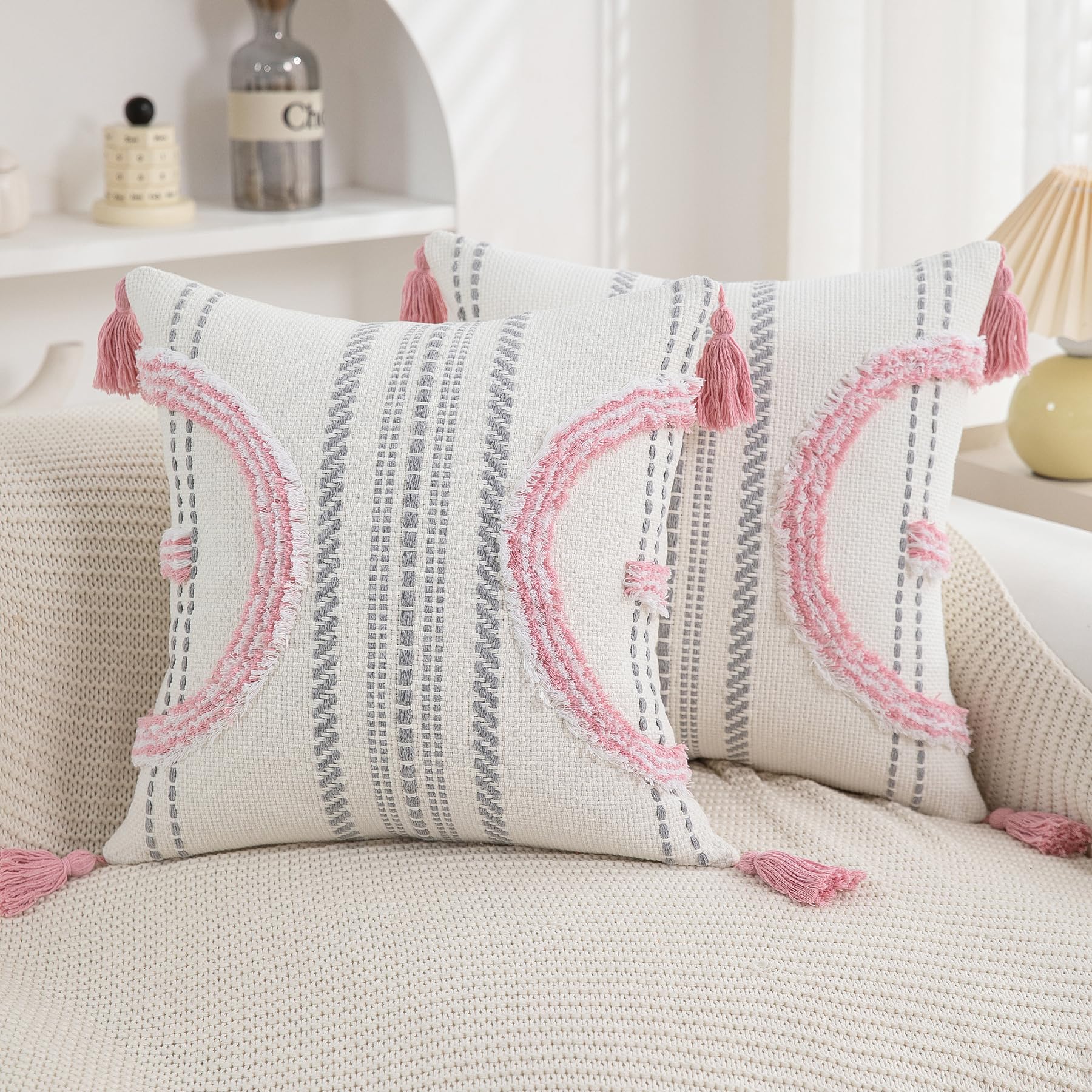 2-Pack 18×18" Beige Boho Tufted Pillow Covers with Tassels, Woven Cotton Decor Cases for Sofa & Bed