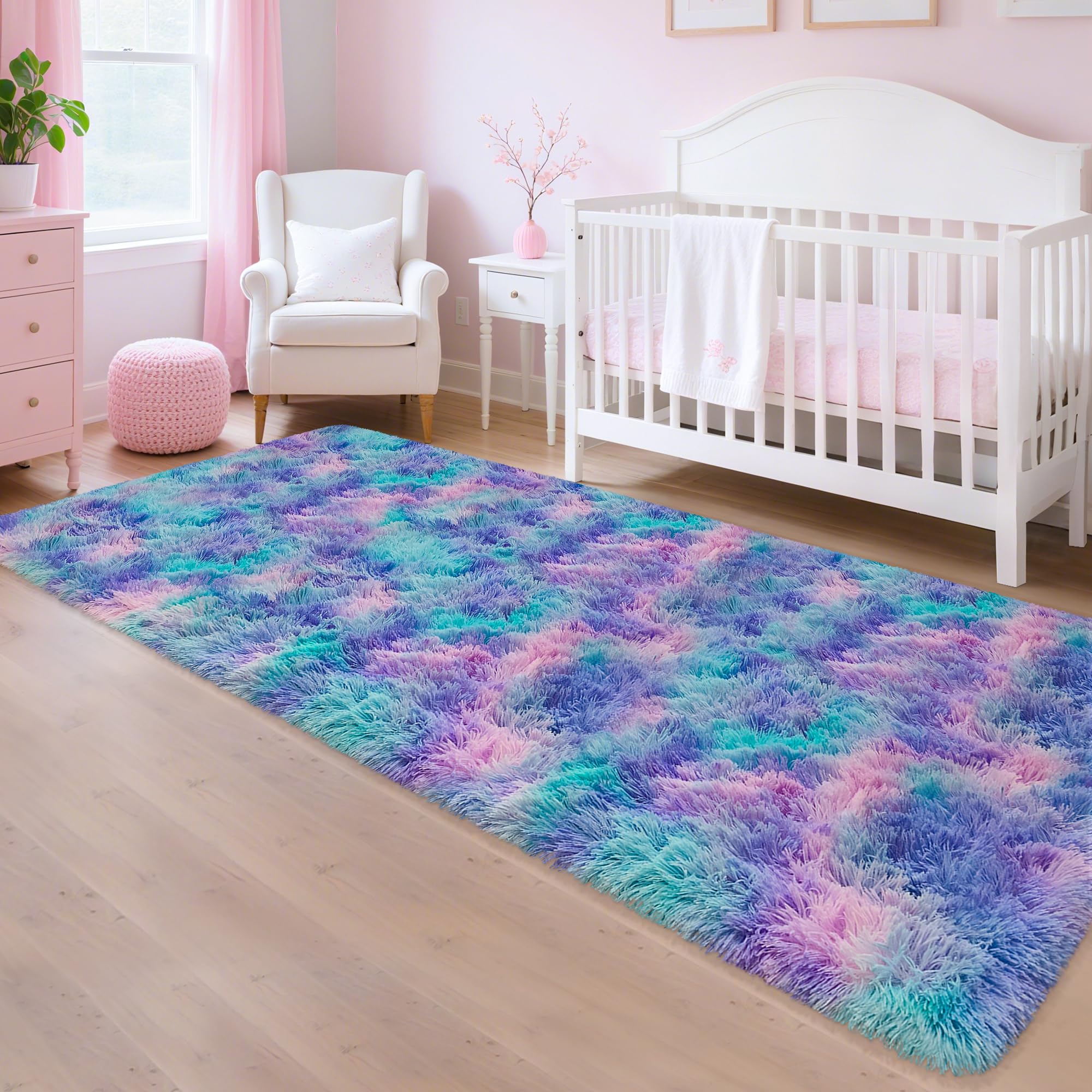 5x8 Ft Light Grey Large Area Rugs for Bedroom,Fluffy Furry Rug Floor Carpets Shaggy Playing Mat for Kids Baby Girls Room Nursery Home Decor Tie Dyed Gray Thick Rugs Fuzzy Home Decor