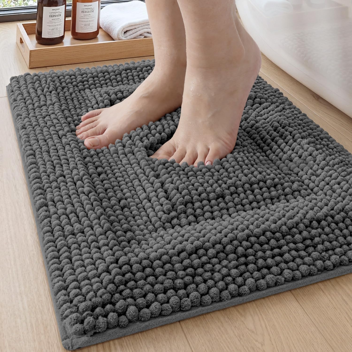 DEXI Bathroom Rugs 24x43, Non Slip Washable Bath Mat, Luxury Chenille Super Absorbent Ultra Thick Bathmats for Shower Floor, Plush Fluffy Shaggy Carpet for Tub, Beige