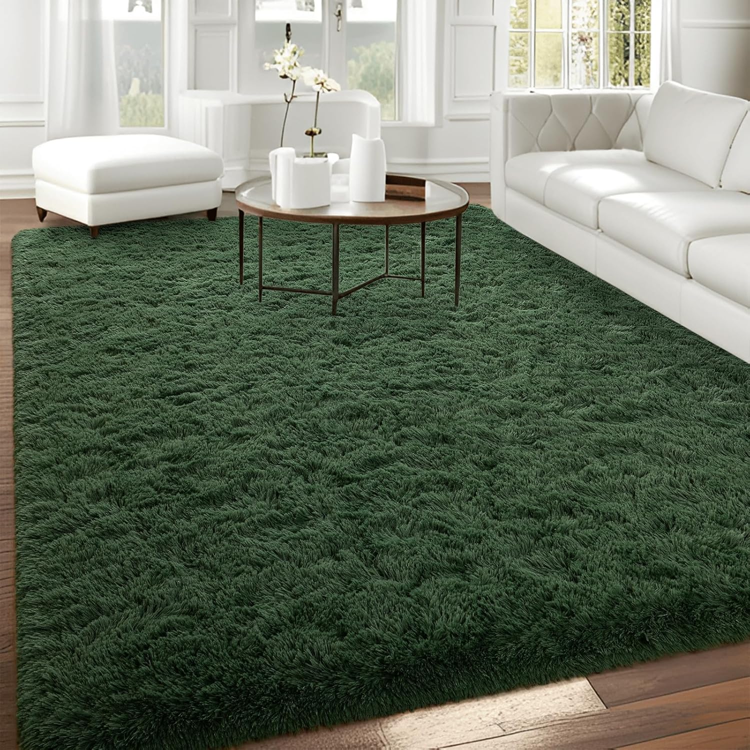 Fluffy Dark Green 6x9 Area Rugs for Living Room, Extra Large Rug for Bedroom Decor, Big Shaggy Floor Carpet, Soft Plush Thick Non-Slip Rectangle Carpets for Home Decor