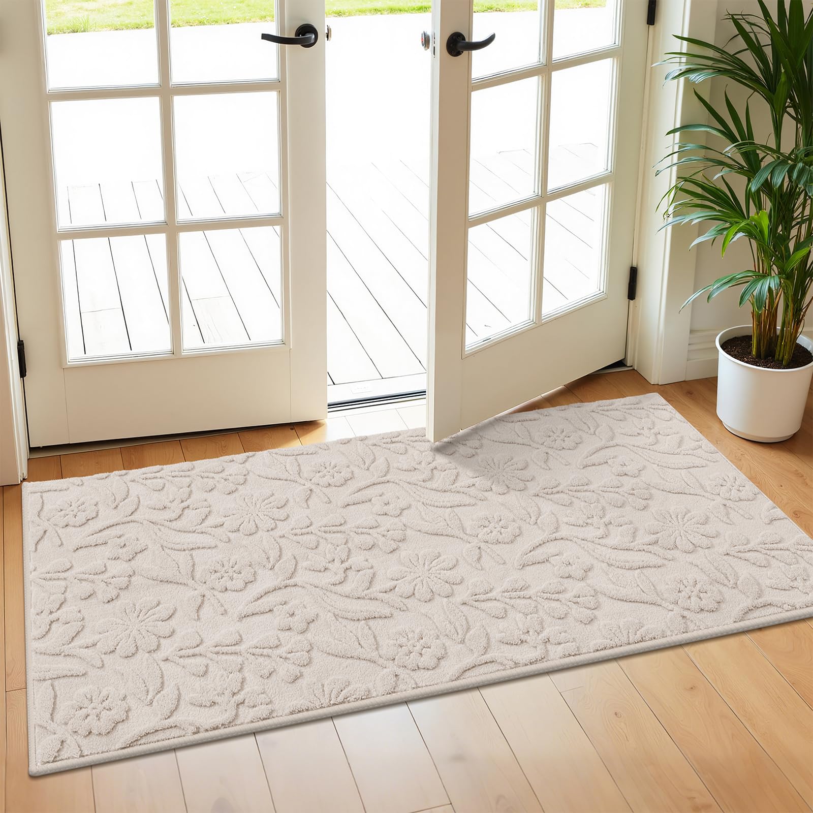 Vaukki Round Rug for Living Room, Soft Fluffy Washable Modern Floral Indoor Floor Mat, Non Slip Shaggy Boho Accent Throw Carpet for Bedroom, Living Room, Nursery and Dining Room, Beige, Round-6Ft
