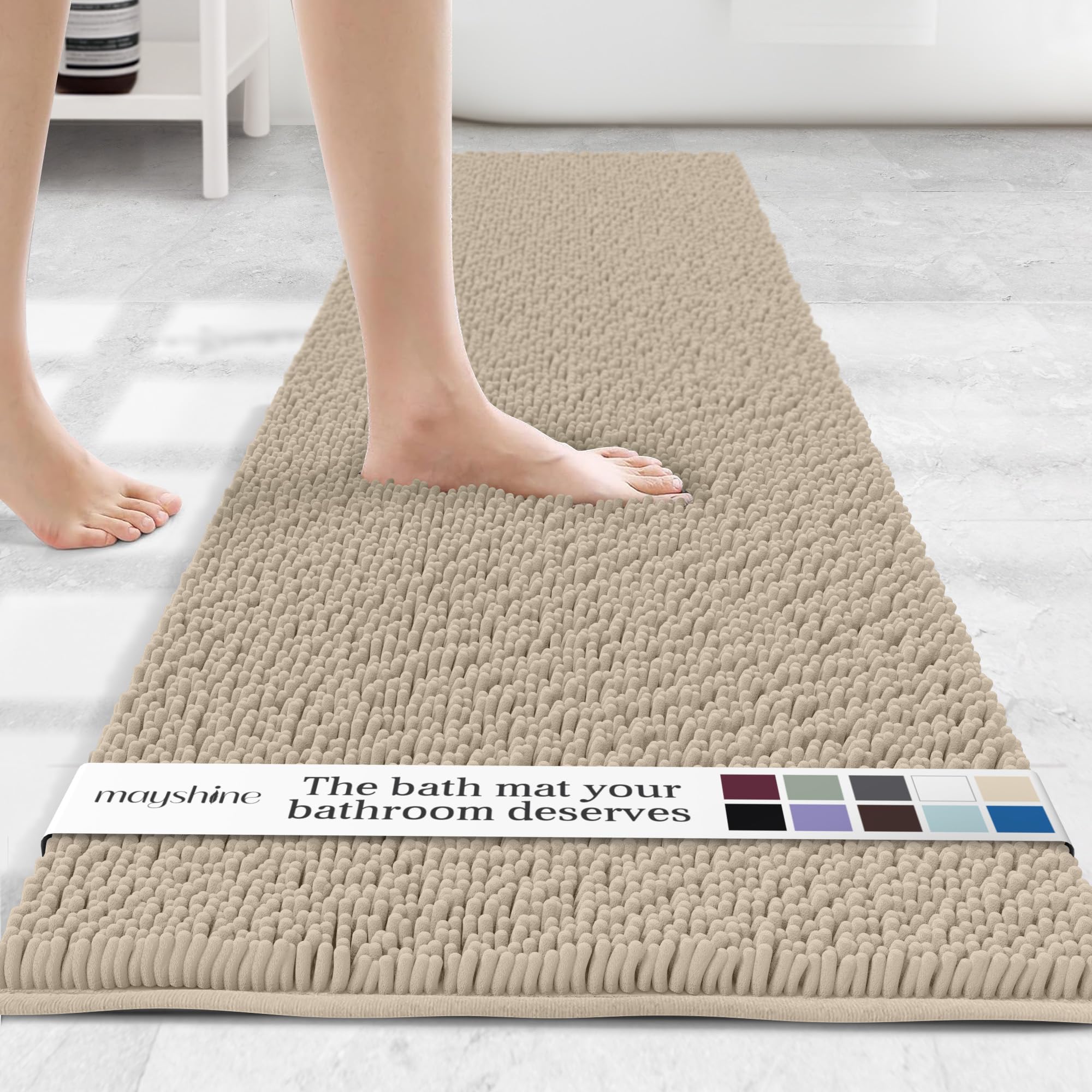 MAYSHINE Plush Shaggy Chenille Bath Mat | Extra Soft, Super Absorbent, Non-Slip Bathroom Rug | Fluffy Microfiber, Area Rug Sets for Bathroom Floor, Kitchen, Living Room | 59"x31" | Beige