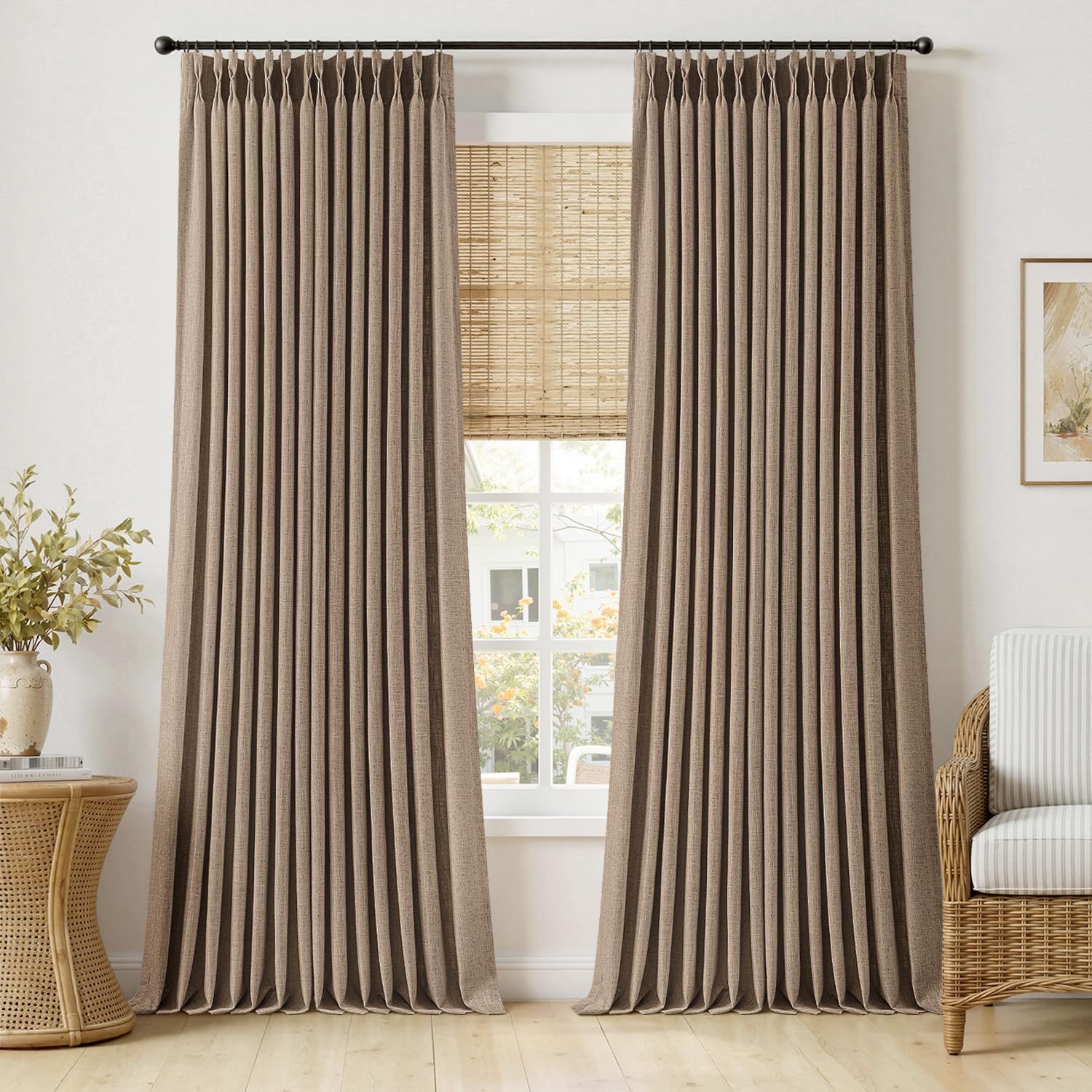 MIULEE Pinch Pleated Thick Linen Curtains 90 Inches Long 2 Panels for Living Room Bedroom, Linen Texture Memory Trained Drapes Pinch Pleat Rustic Farmhouse Window Curtains with Hooks&Rings, Taupe