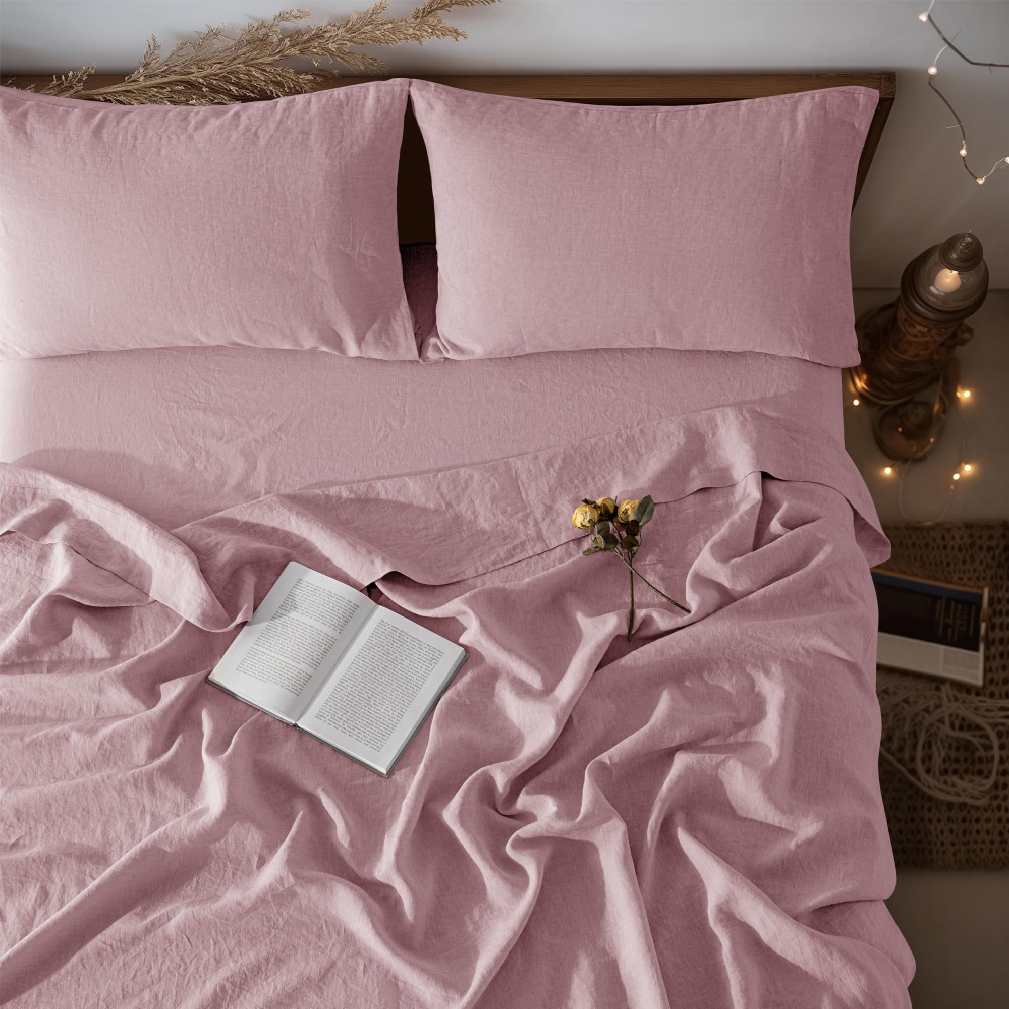 LBRO2M 100% Pure Linen Sheet Set Deep Pocket Up to 16" Bed Sheets Sets, Natural Flax Beddings Soft, Breathable, Comfortable for All Seasons 4 Pcs Sheet Set Queen Size, Linen