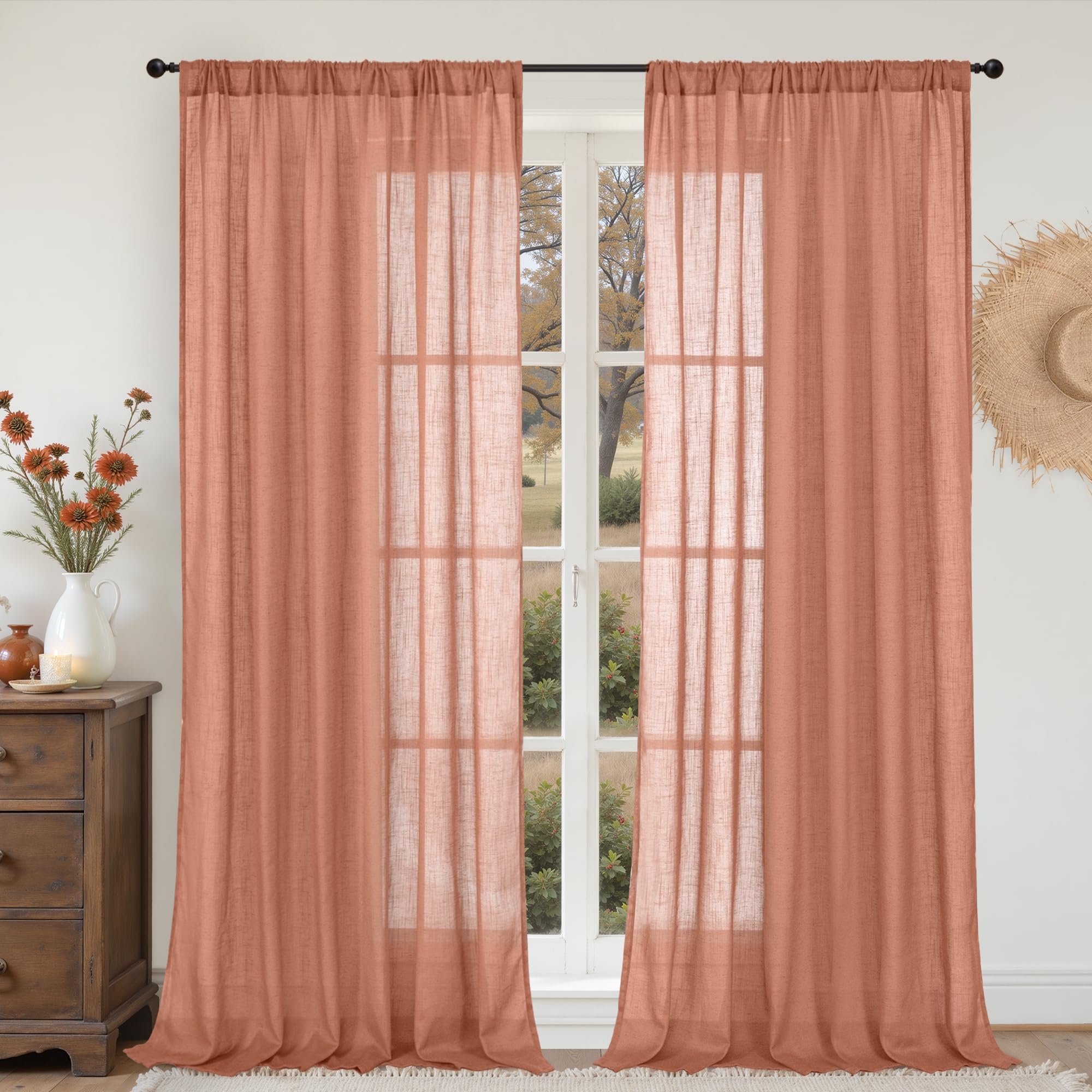 BGment 90 Inches Long Curtains Linen Semi Sheer, Light Filtering Window Treatments Drapes with Rod Pocket Lightweight for Living Room Bedroom, 2 Panels, 52 Inch Wide Each Panel