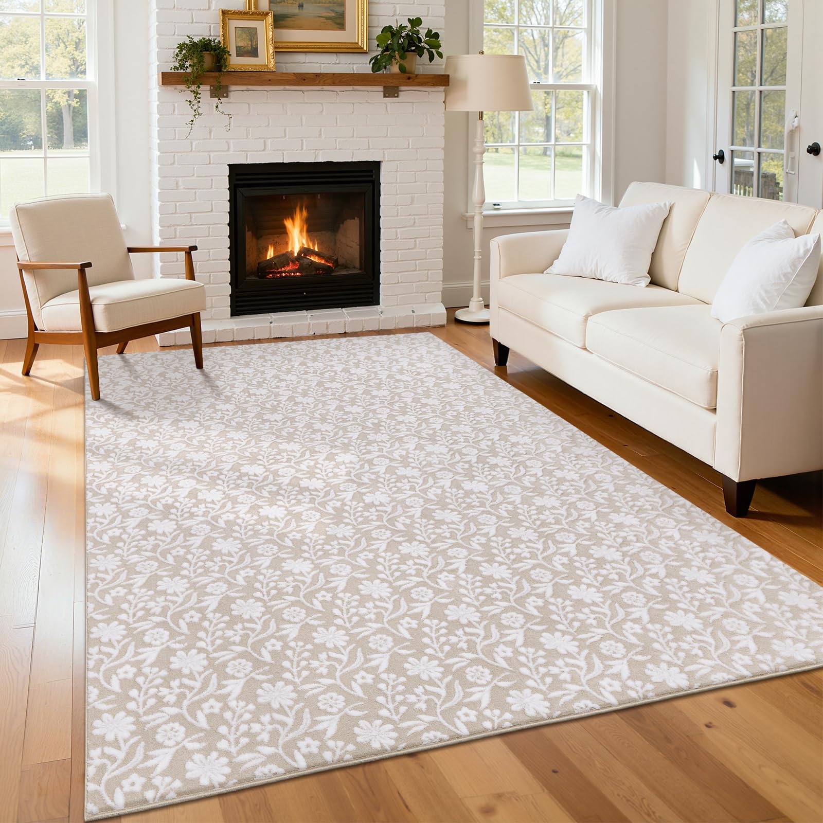 Vaukki Round Rug for Living Room, Soft Fluffy Washable Modern Floral Indoor Floor Mat, Non Slip Shaggy Boho Accent Throw Carpet for Bedroom, Living Room, Nursery and Dining Room, Beige, Round-6Ft