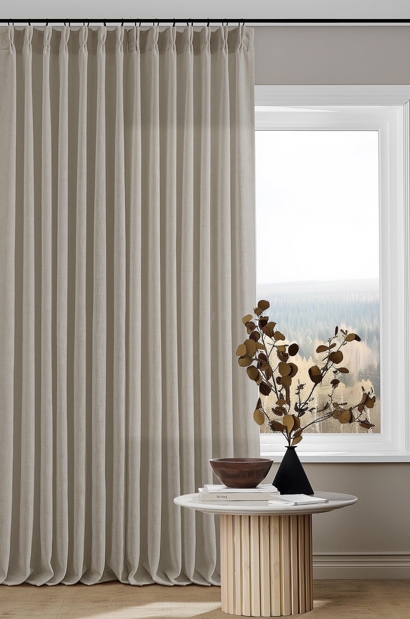 90 Inch Pinch Pleated Linen Curtains 2 Panel Set for Living Room Cream Natural Thick Linen Textured Drapes 90 Inches Long Pinch Pleat Drapes Birch Ivory Semi Sheer Curtain for Dining Bedroom Office