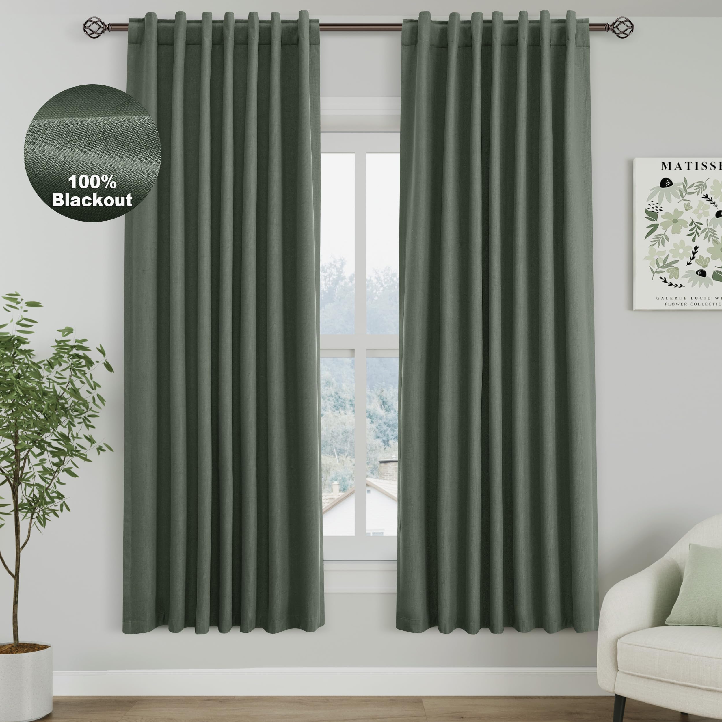 Nanspring Light Grey 100% Blackout Linen Curtains for Bedroom 90 Inches Long Back Tab Thermal Insulated Modern Luxury Simple Black Out Curtain for Living Room Dining Room Drapes 52x90, 2 Panels