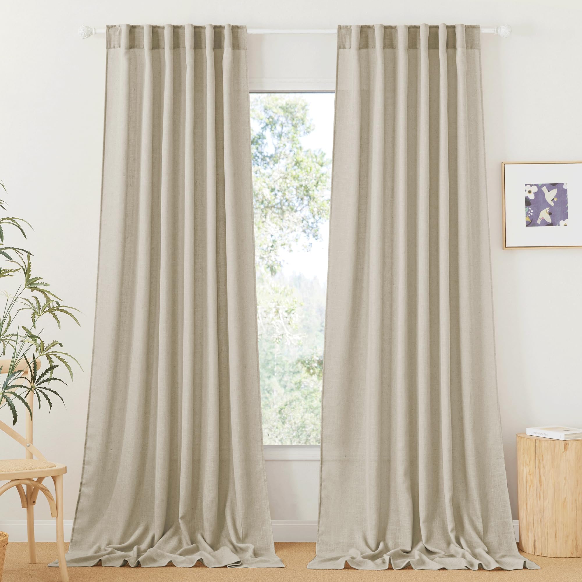 RYB HOME Farmhouse Sheer Curtains 108 inch Length, Semi Sheer Curtain & Drapes Large Window Dressing Lights & Winds Filter for Bedroom Home Office Living Room, Linen, W 70 x L 108 inch Long, 1 Pair
