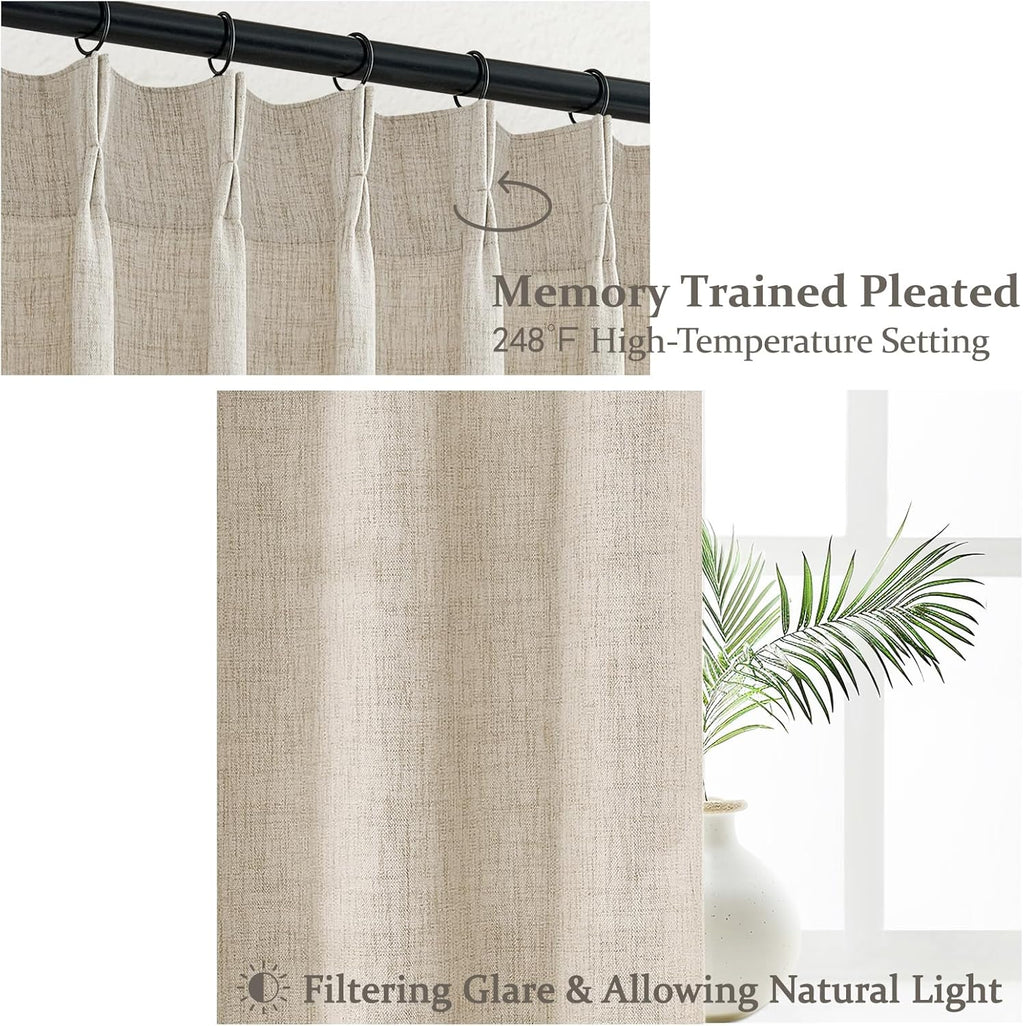 PleatedDrapes 96 Inch Curtains 2 Panel Set, Modern Linen Pleat Back Tab Dining Room Window Curtains Light Filtering Aesthetic Semi Sheer Living Room Drapes with Hooks Ring Cream Oatmeal W40 x L96