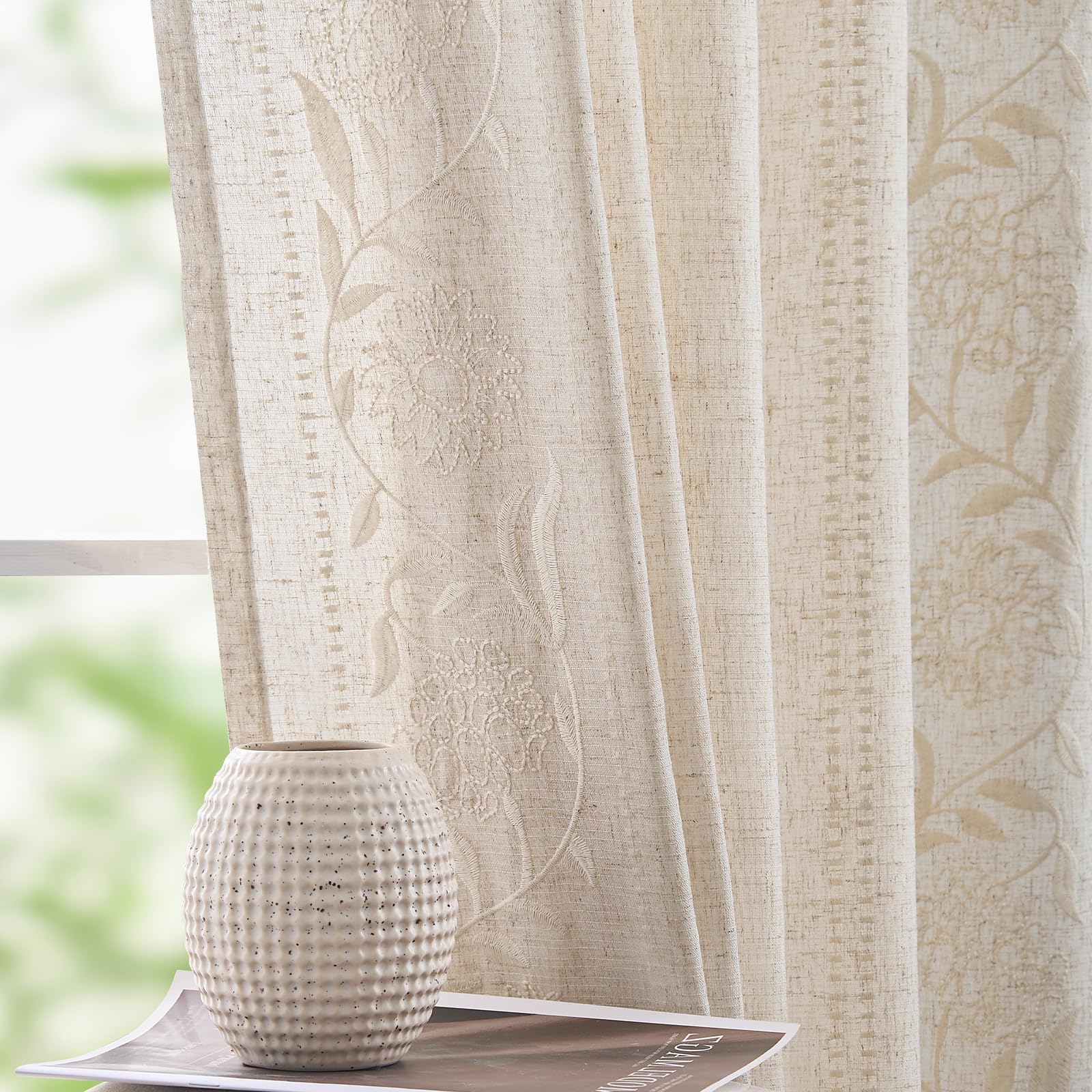 jinchan Winslow Linen Curtains for Bedroom 84 Inches Length Embroidered Bordered Floral Curtains for Living Room Farmhouse Decor Light Filtering Window Treatments Sage on Beige Drapes 2 Panels