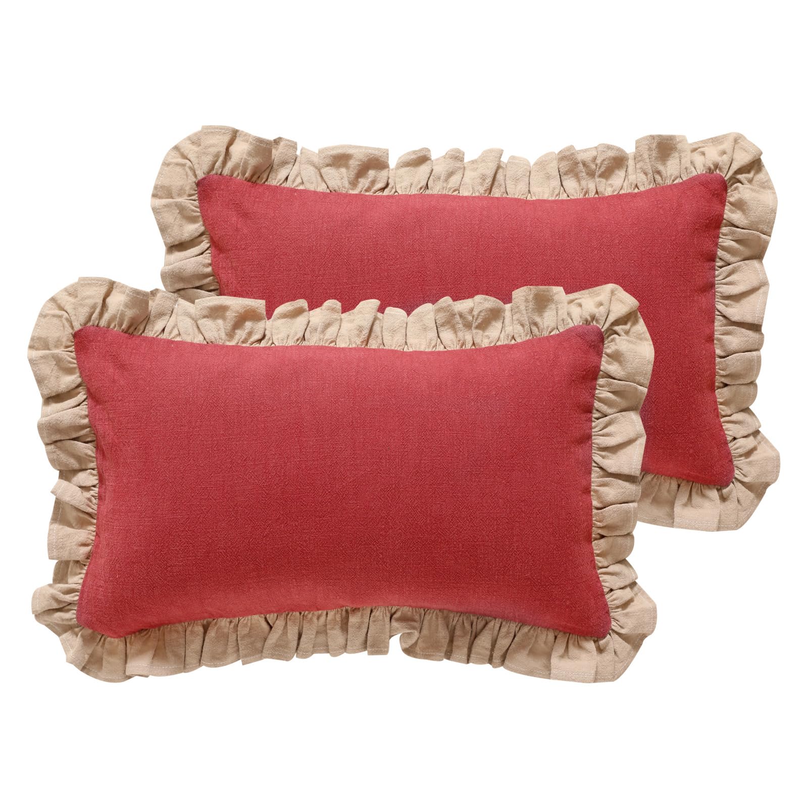 patdrea Rhodo Shabby Chic Decorative Throw Pillow Covers 22x22 Set of 2,Farmhouse Red Linen Pillow Covers with Ruffles,Square Sturdy Throw Pillow Case for Couch Sofa Bed Living Room