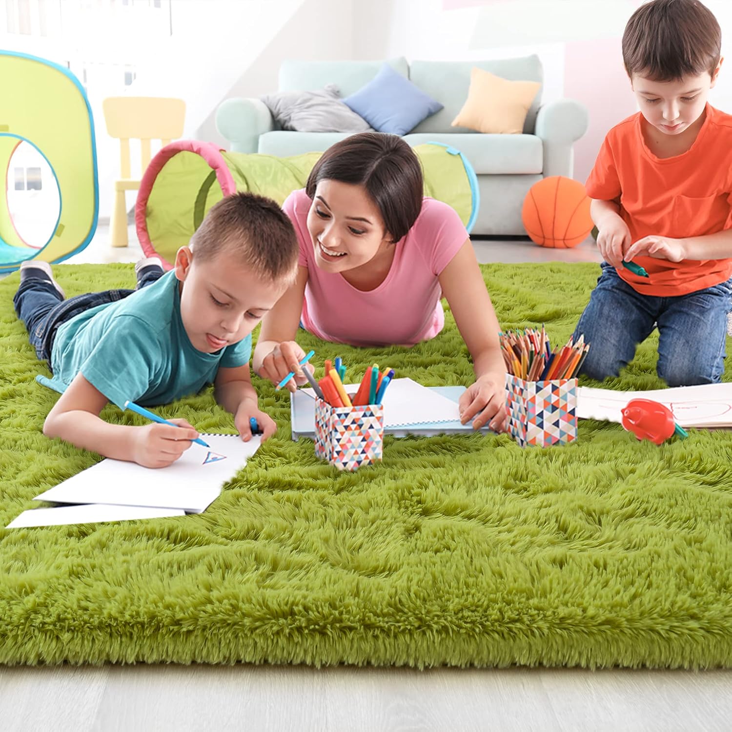 8x10 Extra Large Green Area Rug for Living Room Bedroom Dining Room, Fluffy Shag Soft Plush Furry Carpet Solid Color, Non-Slip Indoor Floor Mat for Kids Home Decor