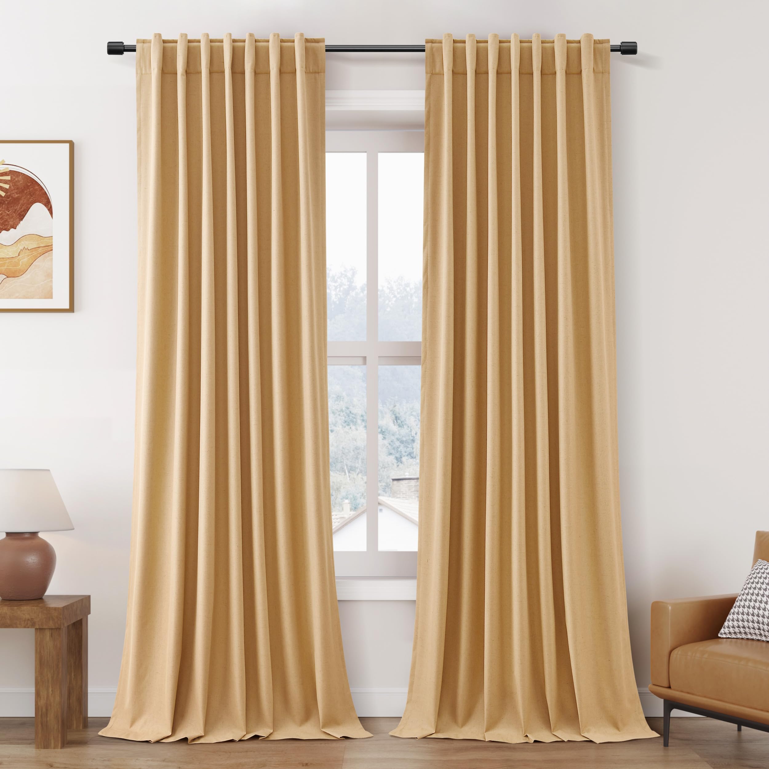 Nanspring Light Grey 100% Blackout Linen Curtains for Bedroom 90 Inches Long Back Tab Thermal Insulated Modern Luxury Simple Black Out Curtain for Living Room Dining Room Drapes 52x90, 2 Panels