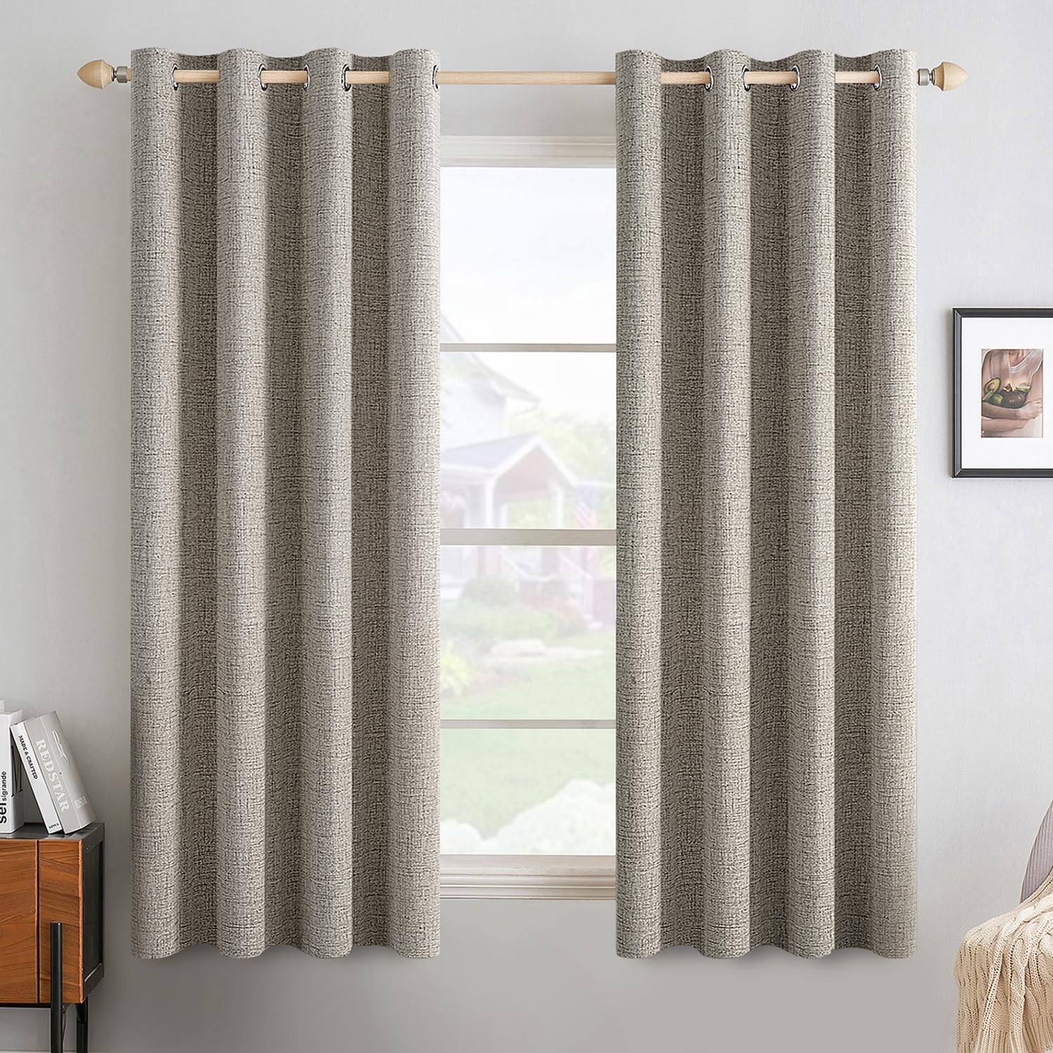 MIULEE 100% Blackout Linen Curtains for Bedroom Thermal Insulated Birch Grommet Room Darkening Curtains & Drapes for Living Room Nursery 52 x 96 Inch (2 Panels)