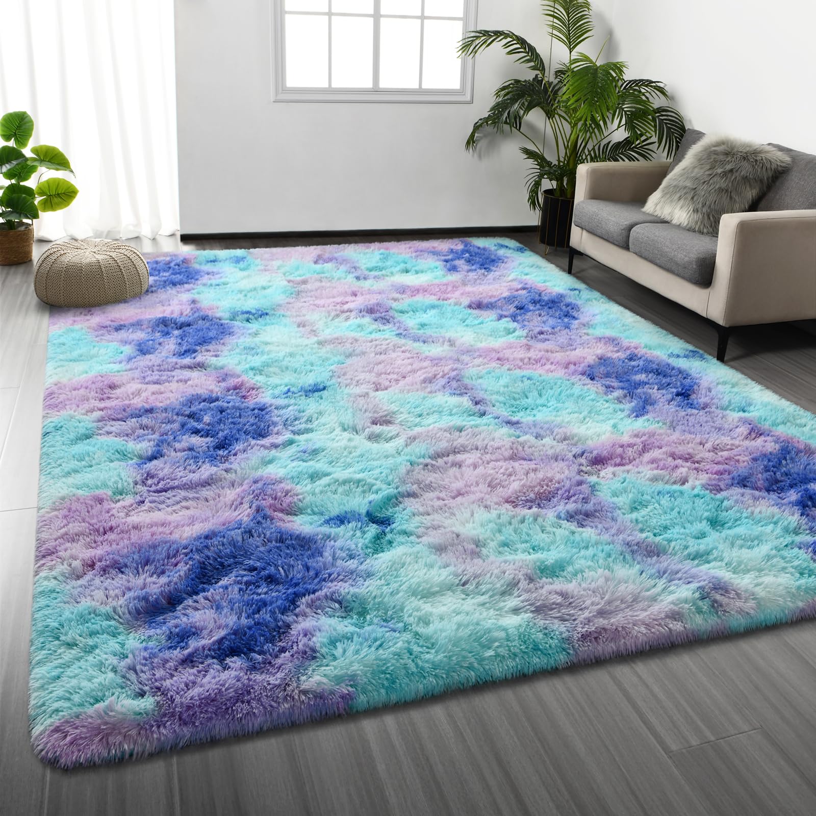 Deerhoo Large Shag Area Rugs 5 x 8, Tie-Dyed Plush Fuzzy Rugs for Living Room, Ultra Soft Fluffy Furry Rug for Bedroom, Indoor Carpet Nursery Rugs for Kids Room Home Decor, Purple