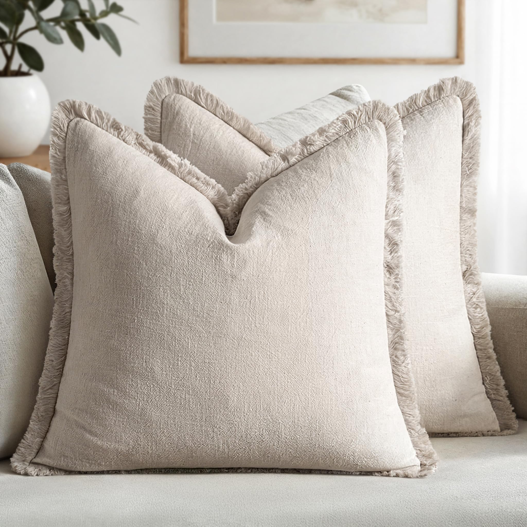 MIULEE Decorative Throw Pillow Covers Neutral Linen Fringe Throw Pillows Euro Shams Set of 2 Sage Green Boho Farmhouse Cushion Covers for Couch Sofa Bed Living Room Spring Home Decor 26x26 Inch