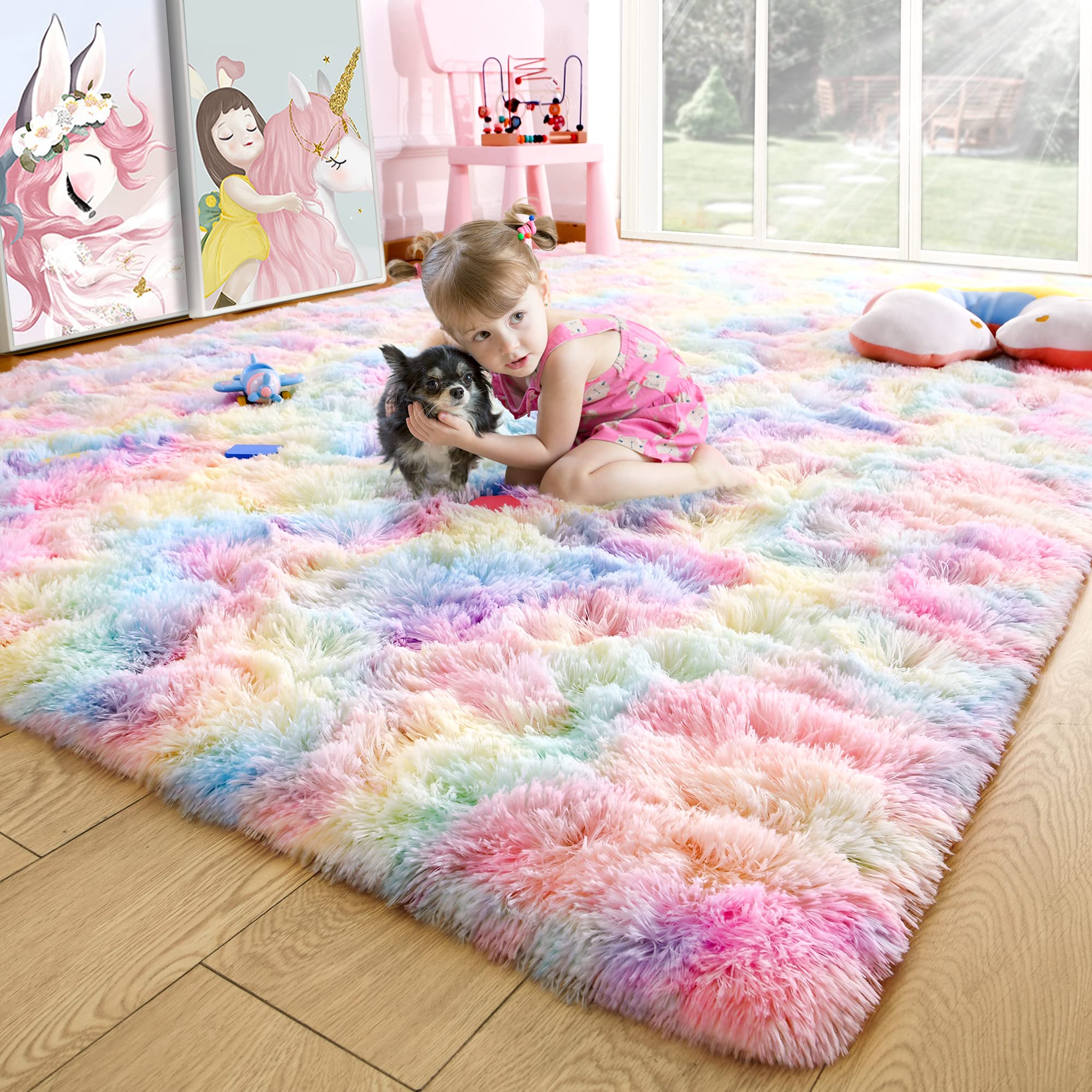8x10 Extra Large Green Area Rug for Living Room Bedroom Dining Room, Fluffy Shag Soft Plush Furry Carpet Solid Color, Non-Slip Indoor Floor Mat for Kids Home Decor