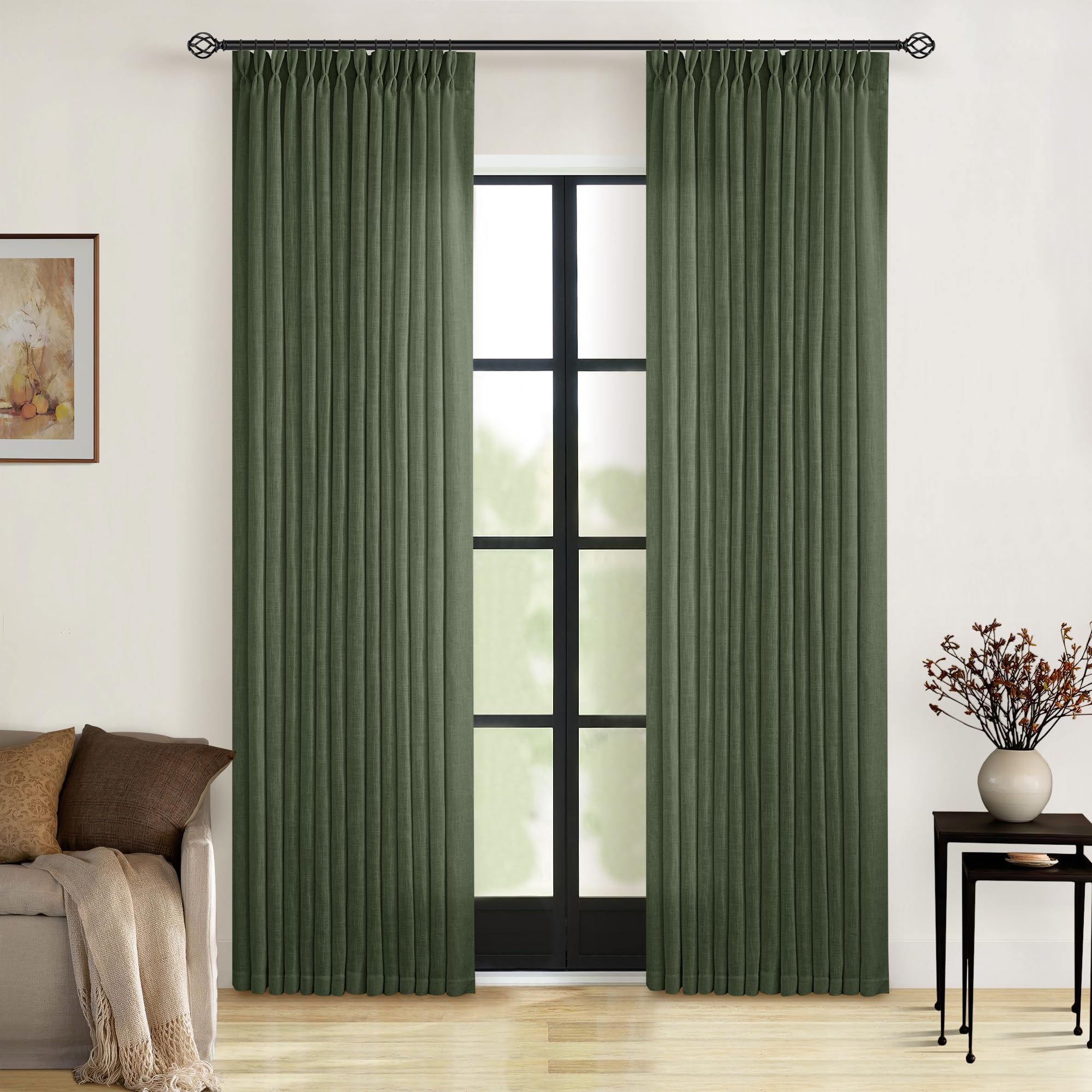 90 Inch Pinch Pleated Linen Curtains 2 Panel Set for Living Room Cream Natural Thick Linen Textured Drapes 90 Inches Long Pinch Pleat Drapes Birch Ivory Semi Sheer Curtain for Dining Bedroom Office