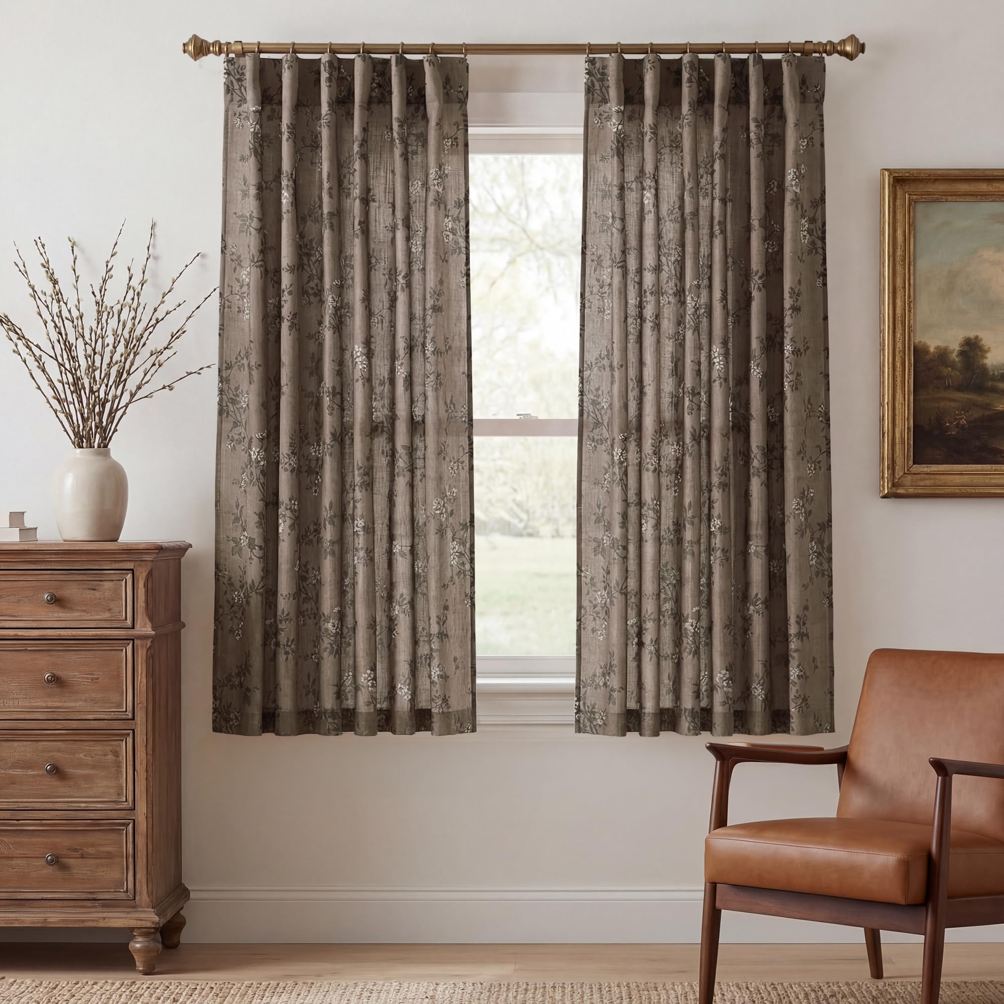 StangH Extra Long Vintage Curtains 108 Inch Long, Butterfly Pattern Linen Blend Drapes, Moody Retro Botanical Light Filtering Window Curtains for Living Room, Khaki, W52 x L108, 2 Panels