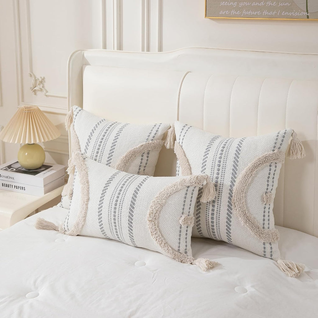 2-Pack 18×18" Beige Boho Tufted Pillow Covers with Tassels, Woven Cotton Decor Cases for Sofa & Bed