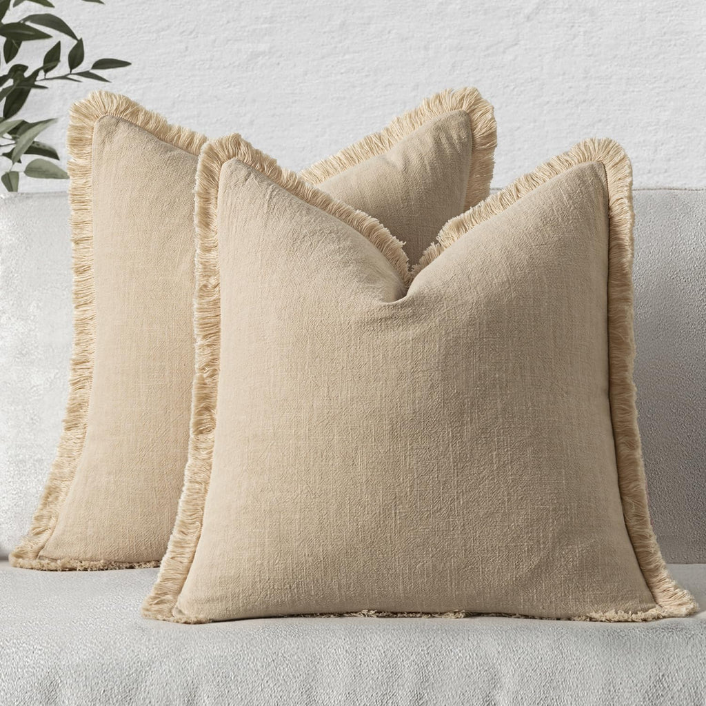MIULEE Decorative Throw Pillow Covers Neutral Linen Fringe Throw Pillows Euro Shams Set of 2 Brown Boho Farmhouse Cushion Covers for Couch Sofa Bed Living Room Spring Home Decor 26x26 Inch
