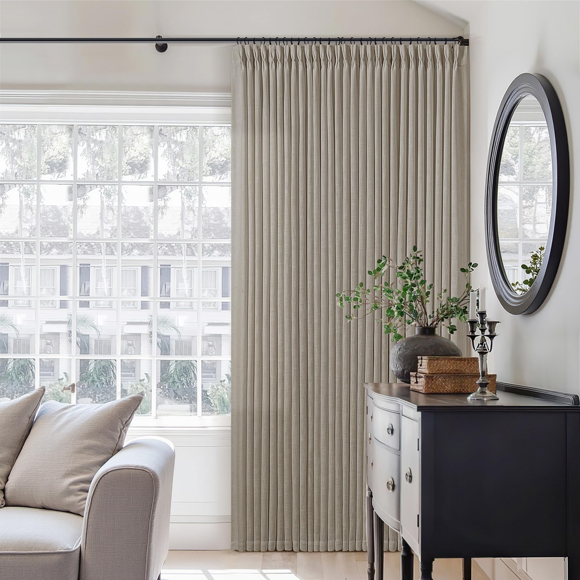 90 Inch Pinch Pleated Linen Curtains 2 Panel Set for Living Room Cream Natural Thick Linen Textured Drapes 90 Inches Long Pinch Pleat Drapes Birch Ivory Semi Sheer Curtain for Dining Bedroom Office