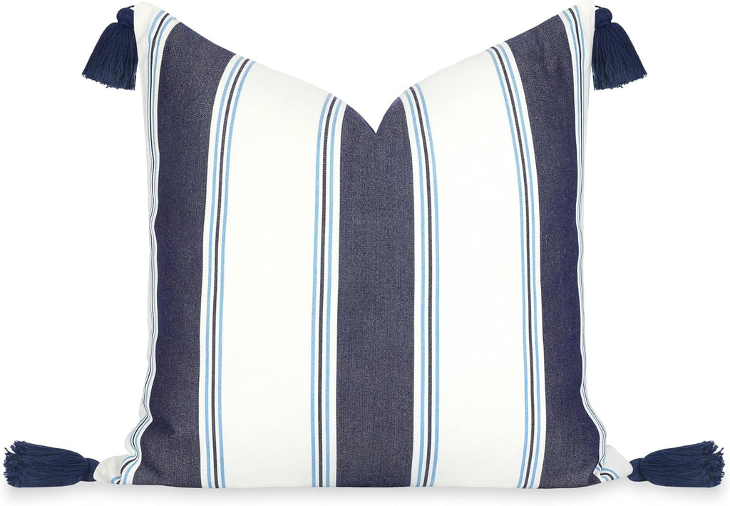 Hofdeco Premium Coastal Hampton Outdoor Performance Throw Pillow Cover Only, 20"x20" Water Repellent, UV and Fade Resistant for Backyard, Couch, Poolside, Indigo Azure Blue Woven Harbor Stripes
