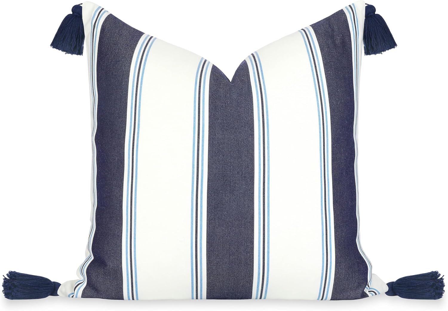 Hofdeco Premium Coastal Hampton Outdoor Performance Throw Pillow Cover Only, 20"x20" Water Repellent, UV and Fade Resistant for Backyard, Couch, Poolside, Indigo Azure Blue Woven Harbor Stripes
