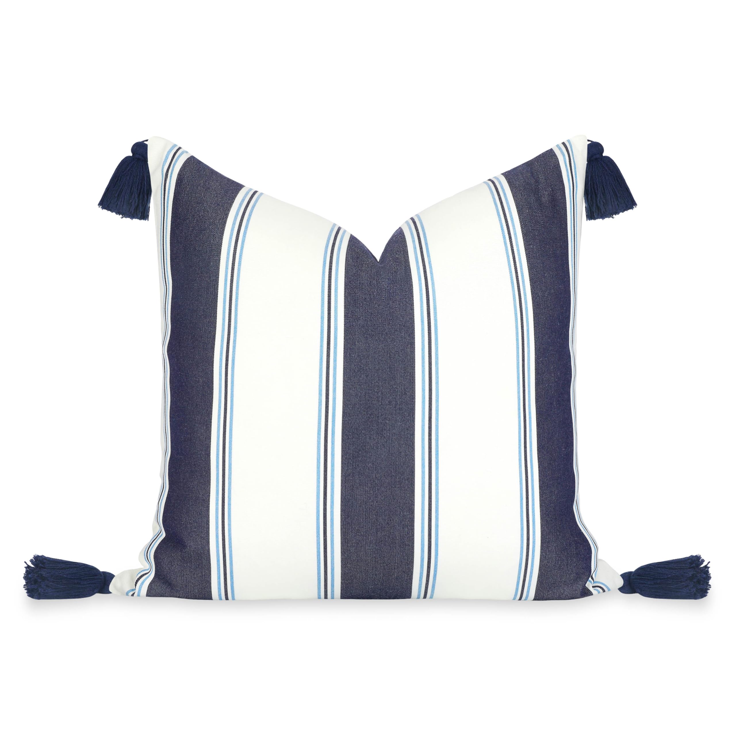 Hofdeco Premium Coastal Hampton Outdoor Performance Throw Pillow Cover Only, 20"x20" Water Repellent, UV and Fade Resistant for Backyard, Couch, Poolside, Indigo Azure Blue Woven Harbor Stripes